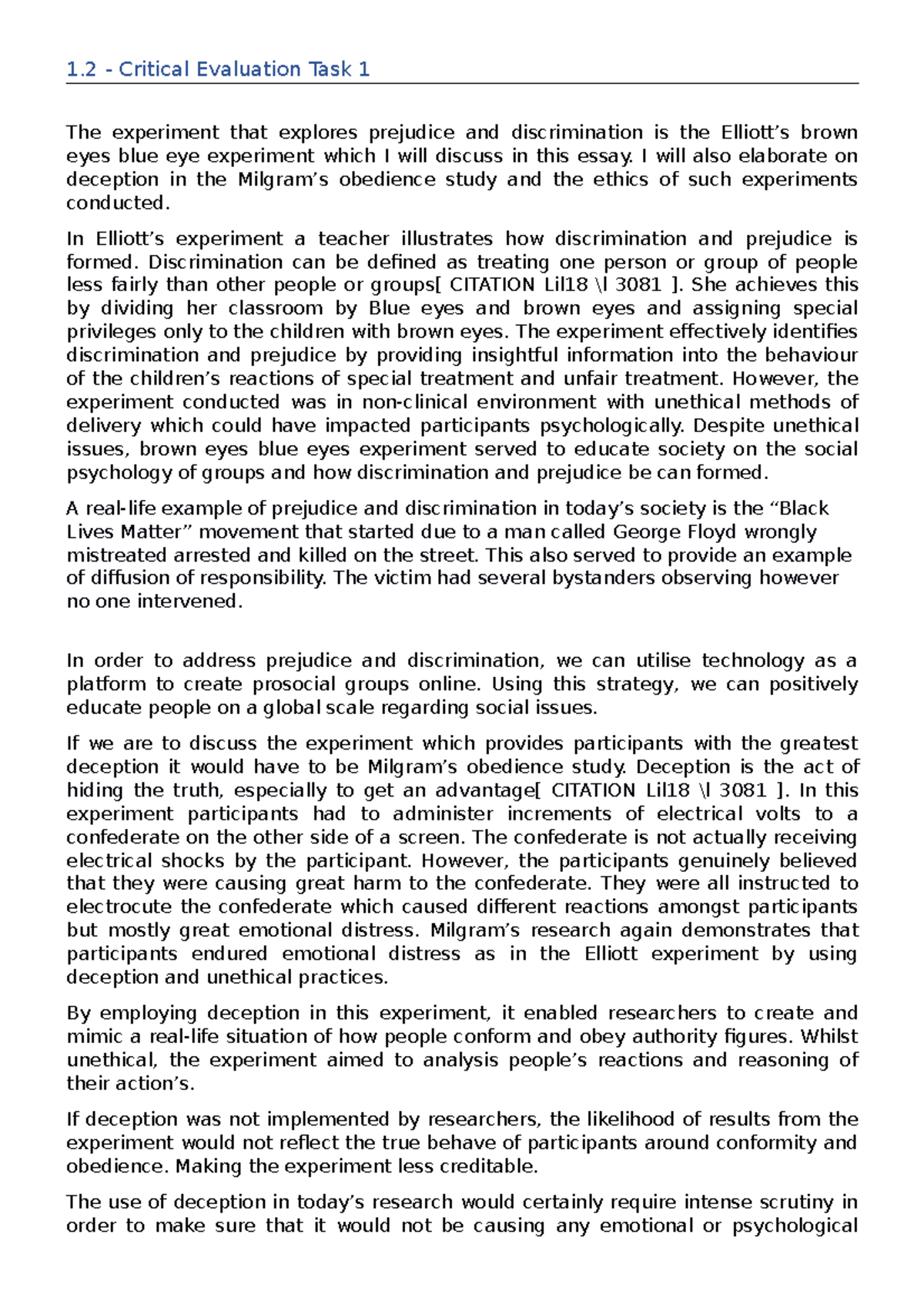 Critial thinking assessement 1 - 1 - Critical Evaluation Task 1 The ...