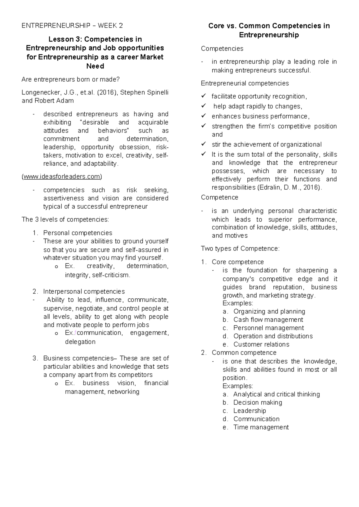 Entrep Notes - ENTREPRENEURSHIP – WEEK 2 Lesson 3: Competencies in ...
