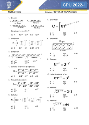 Practica 1 Exponenetes Atematica 22 I Matematica Semana 1 Leyes De Exponentes Cpu 22 I Studocu