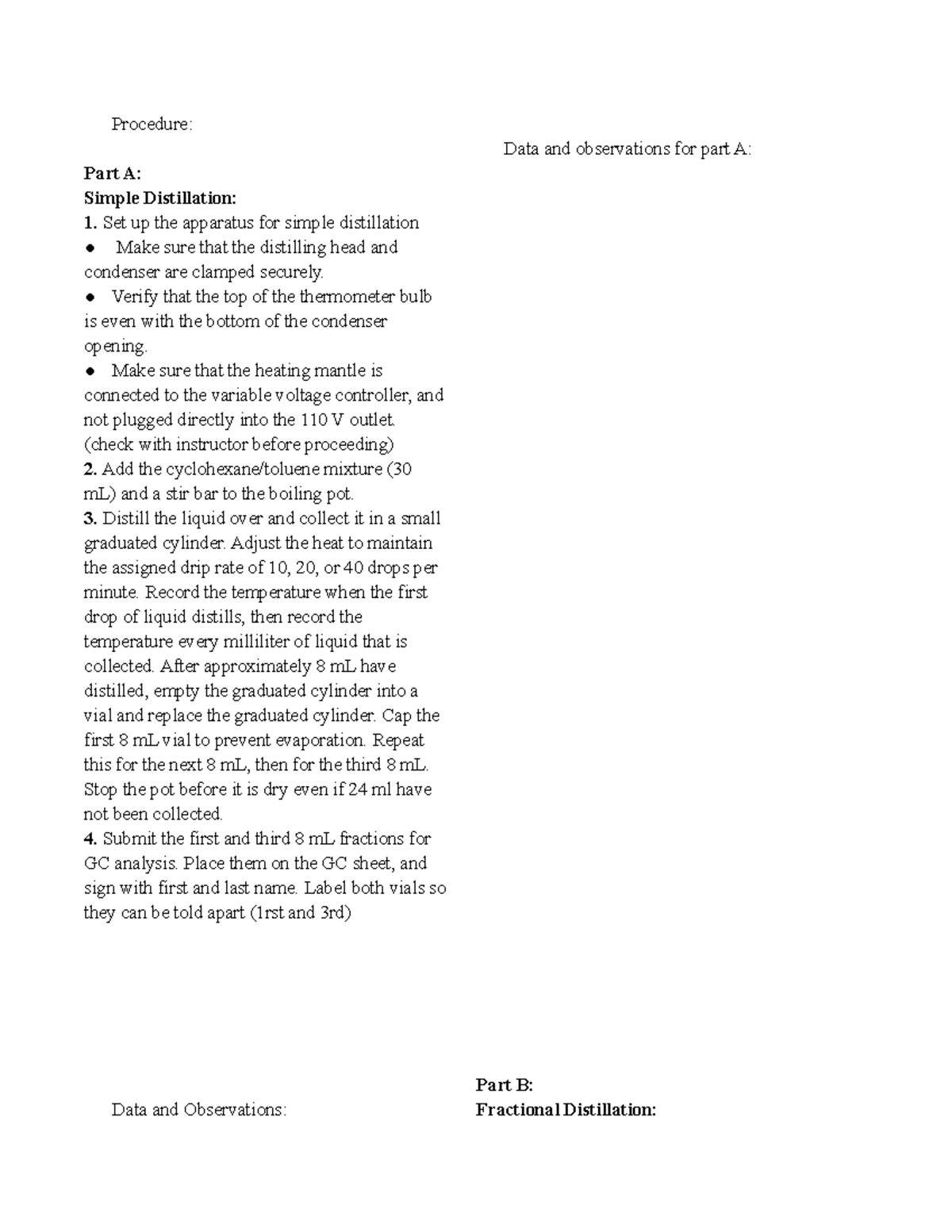 3rd chem InLab report Procedure Part A Simple Distillation Set up