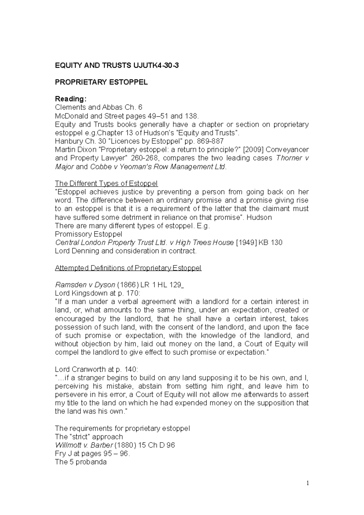 Proprietary Estoppel - Lecture notes 3 - EQUITY AND TRUSTS UJUTK4-30-3 ...
