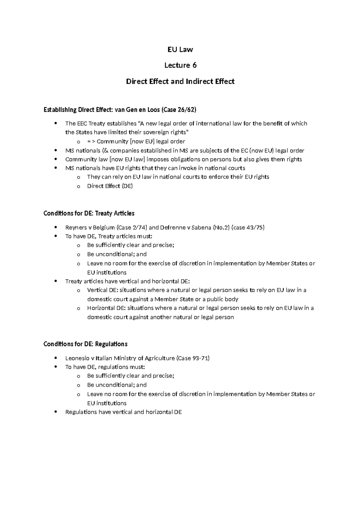 Lecture 6 - Direct Effect and Indirect Effect - EU Law Lecture 6 Direct ...