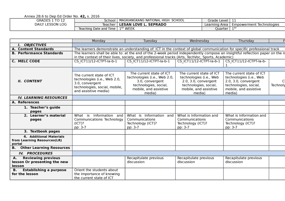 Dll Empowerment Technologies - Annex 2B To Dep Ed Order No. 42, S. 2016 ...