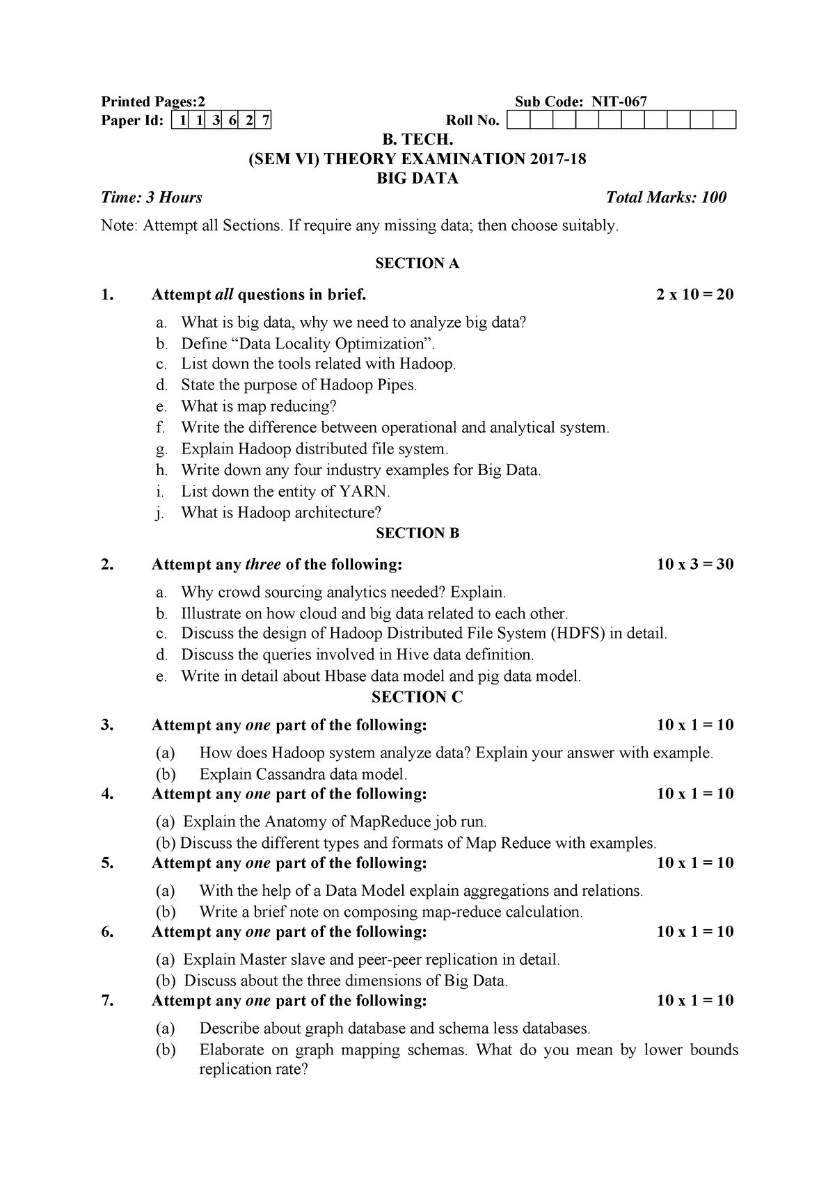 Previous Year Question Paper - Printed Pages:2 Sub Code: NIT- Paper Id ...