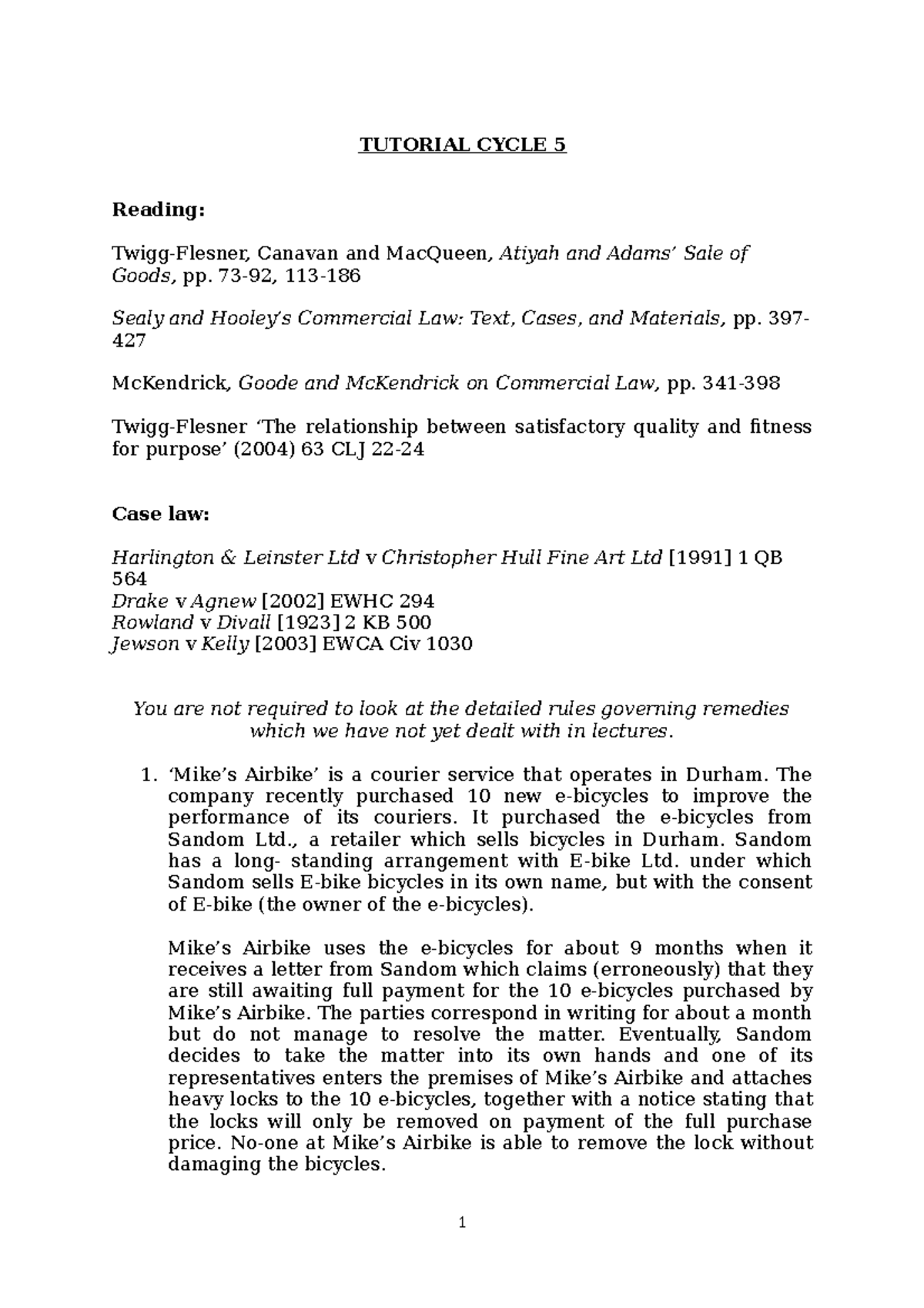 Commercial law tutorial 5 handout 2022-23 - TUTORIAL CYCLE 5 Reading ...
