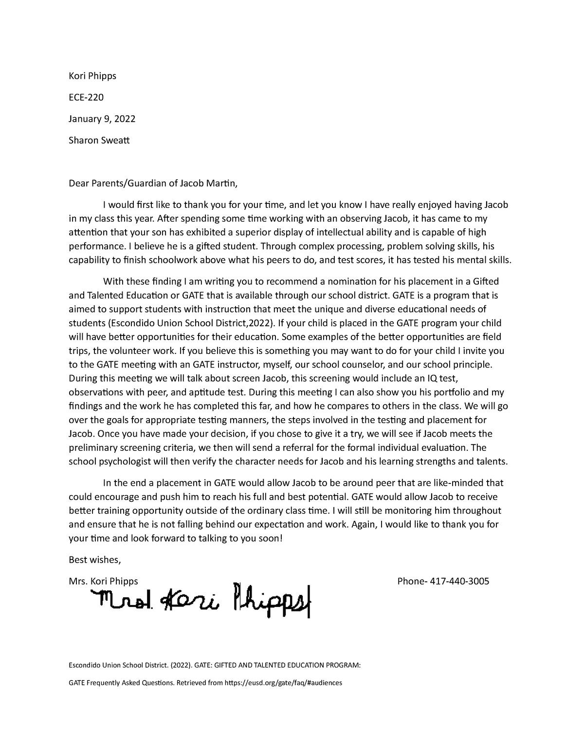Gifted and Talented Letter ECE-220 - Kori Phipps ECE- January 9, 2022 ...