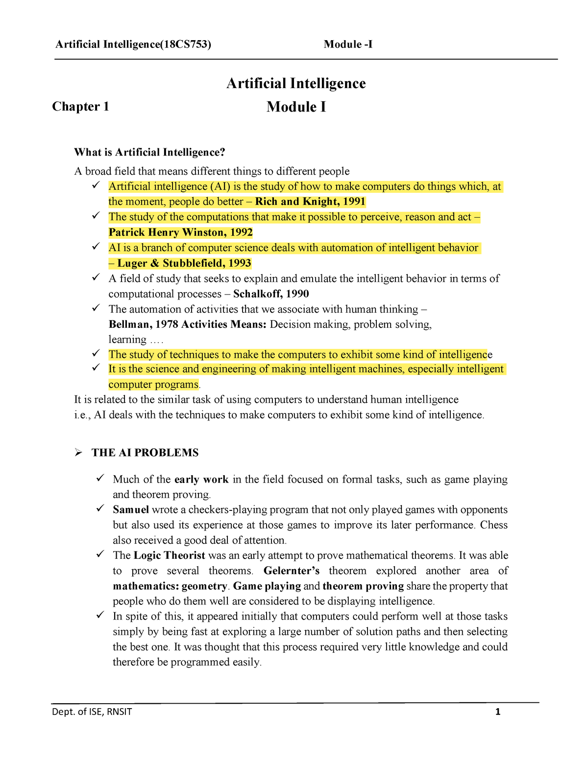 18CS753 AI- Module 1 - Notes On Artificial Intelligence Of 7th Semester ...