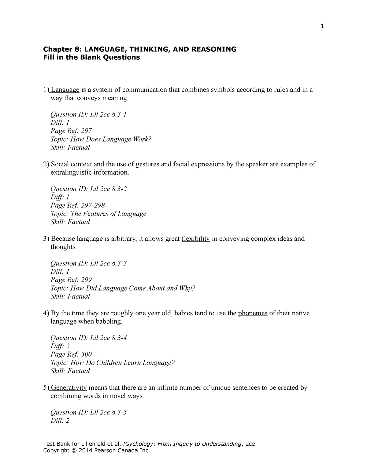 Test Bank Chapter 8 Chapter 8 LANGUAGE THINKING AND REASONING Fill 