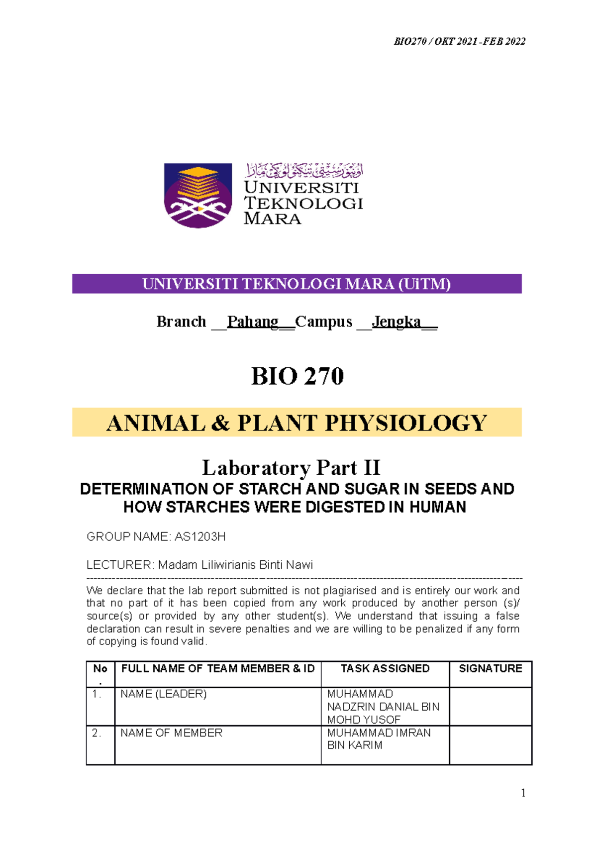 Front Page BIO270 Lab 2 BIO 270 LAB REPORT 2 BIO270 / OKT 2021 FEB