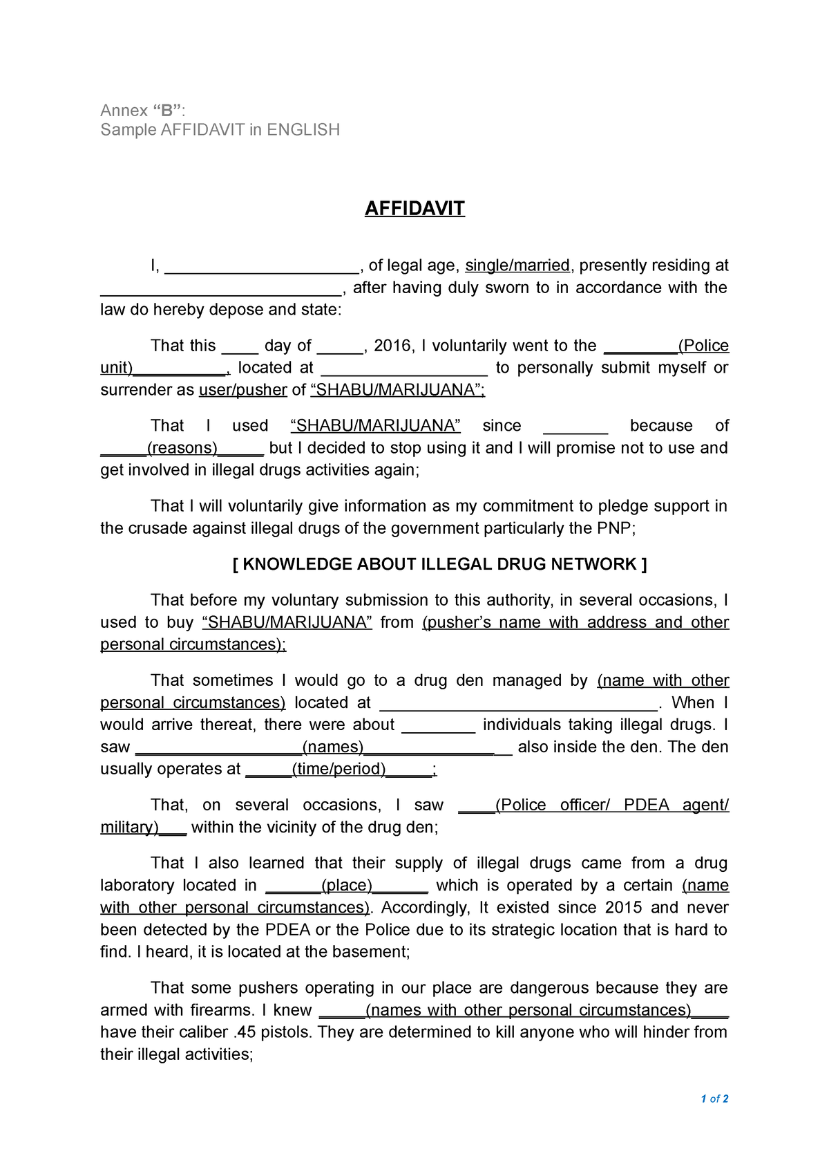 Sample Format Of Affidavit (English) - Annex “B”: Sample AFFIDAVIT In ...