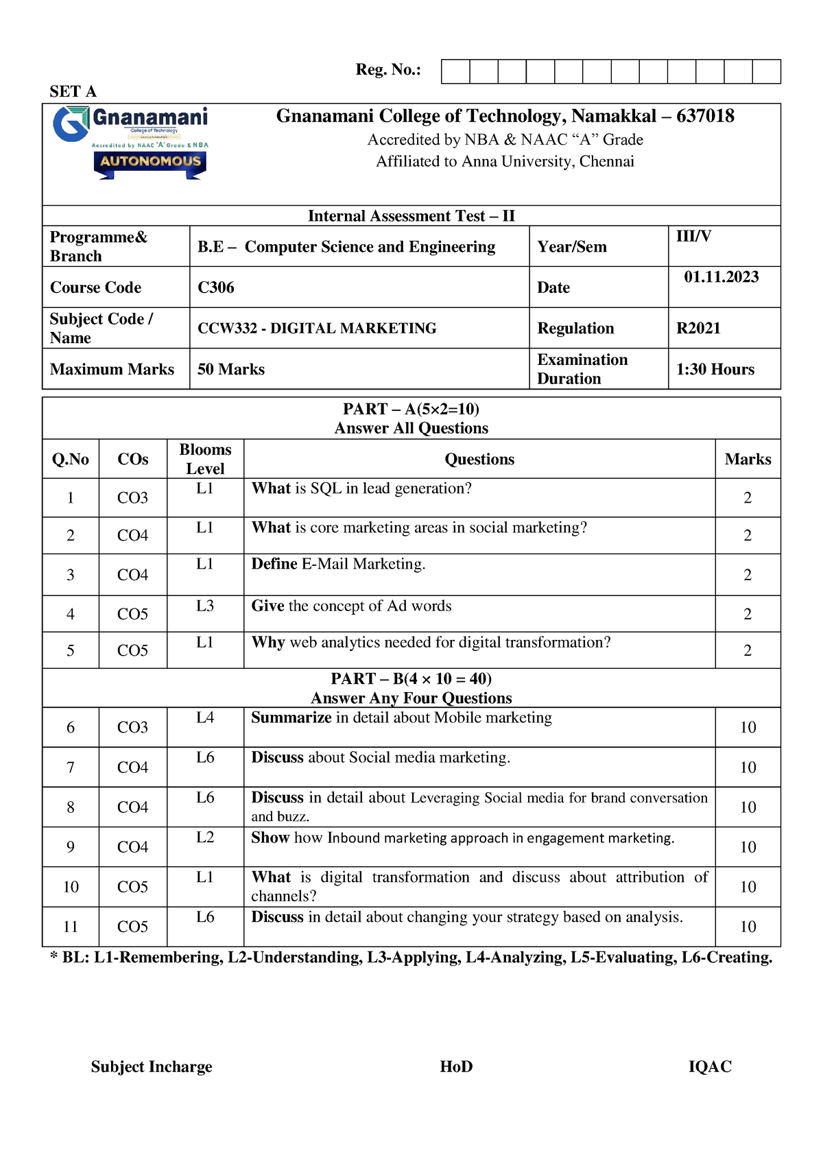 DM IAT 2 - Reg. No.: SET A Gnanamani College of Technology, Namakkal ...