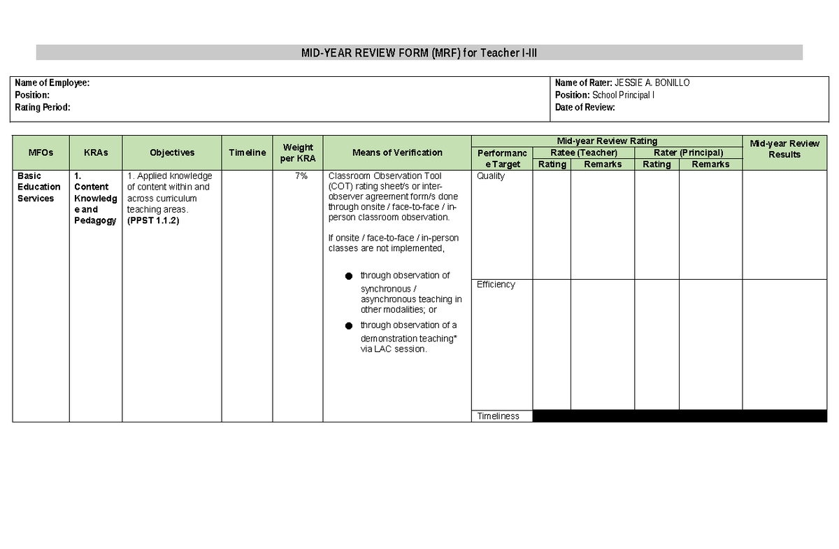 MRF - MID-YEAR REVIEW FORM (MRF) for Teacher I-III Name of Employee ...