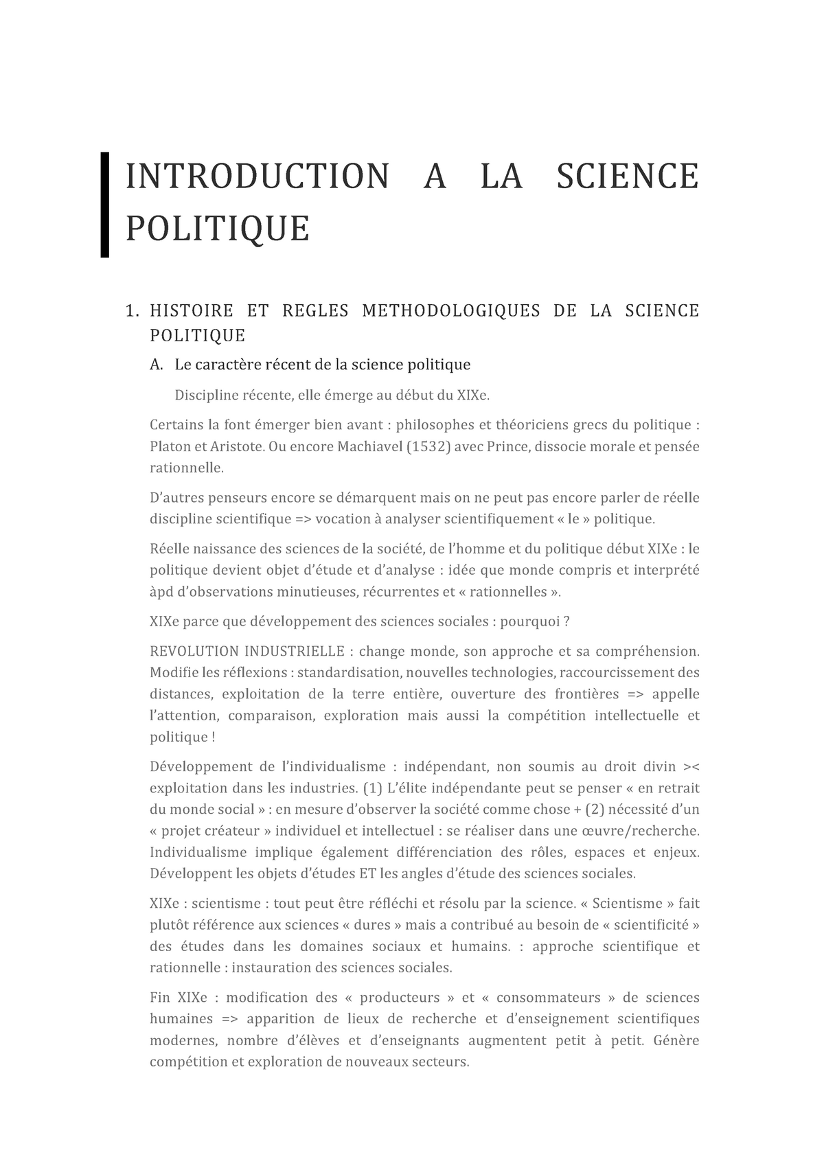 Synthése Science PO M INTRODUCTION A LA SCIENCE POLITIQUE 1. HISTOIRE