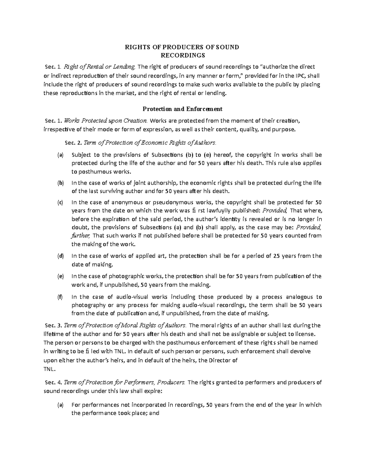 Property law m200 RIGHTS OF PRODUCERS OF SOUND RECORDINGS Sec. 1