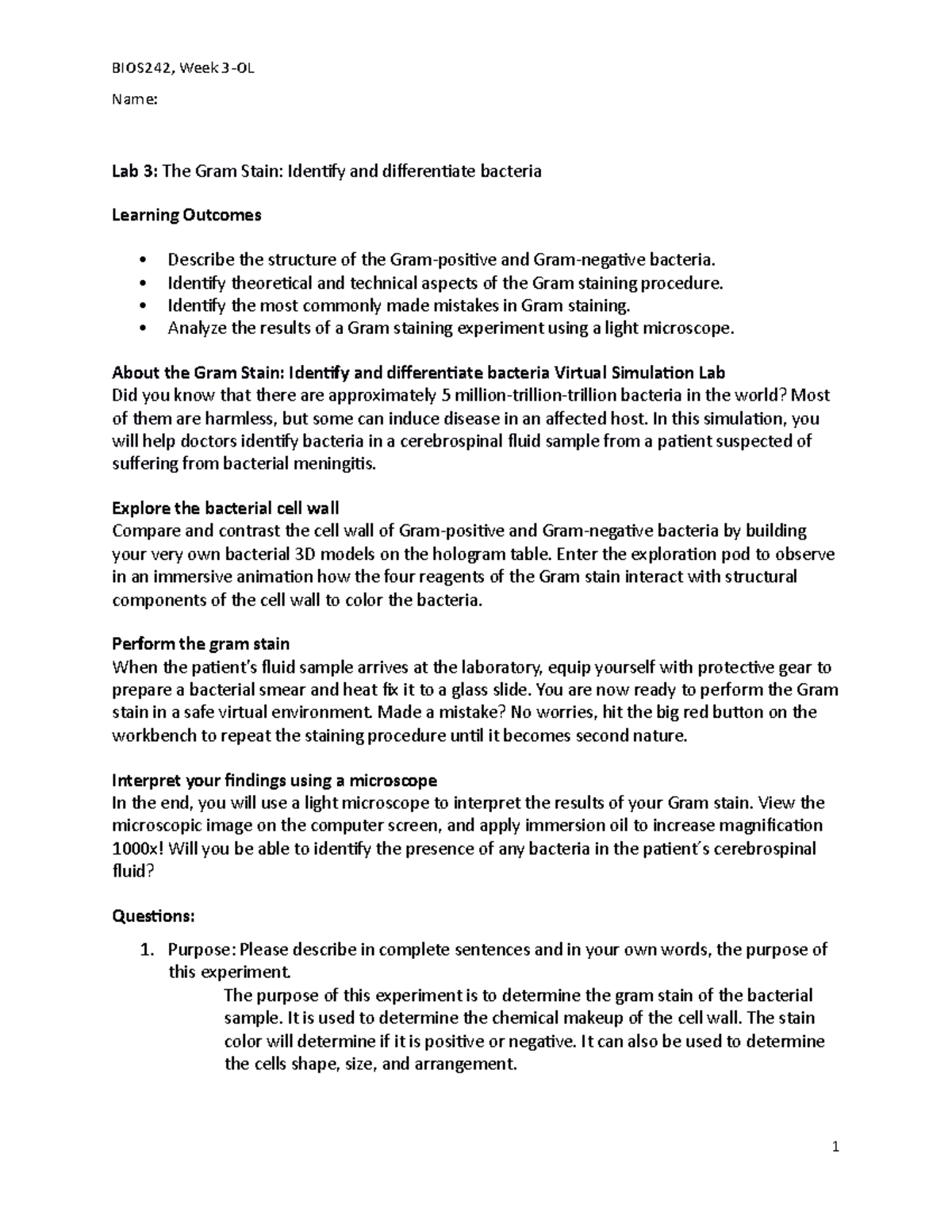 BIOS242 Lab 3: The Gram Stain: Identify And Differentiate Bacteria ...