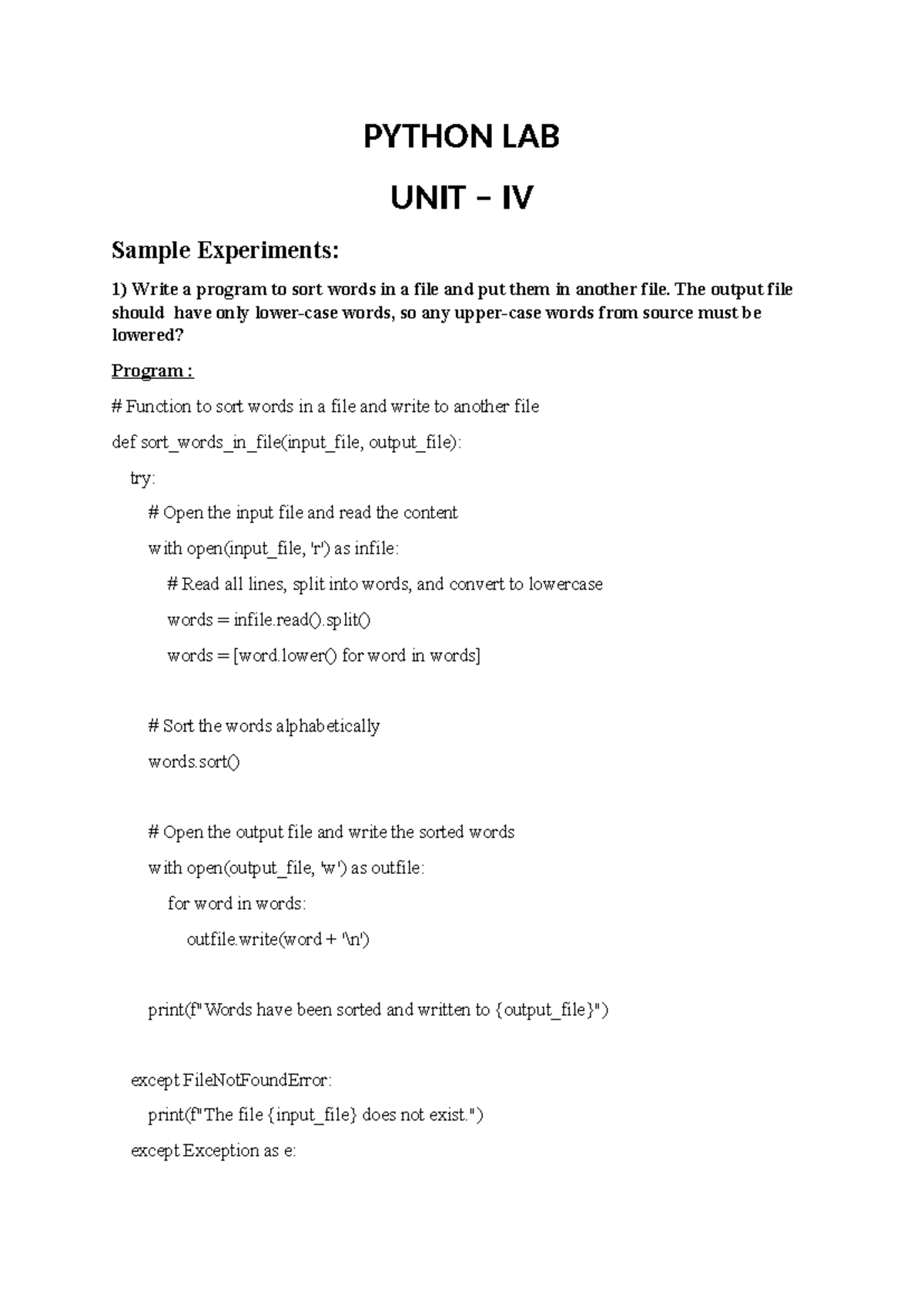 R23 2-1 Python LAB 4^J5 - nil - PYTHON LAB UNIT – IV Sample Experiments ...