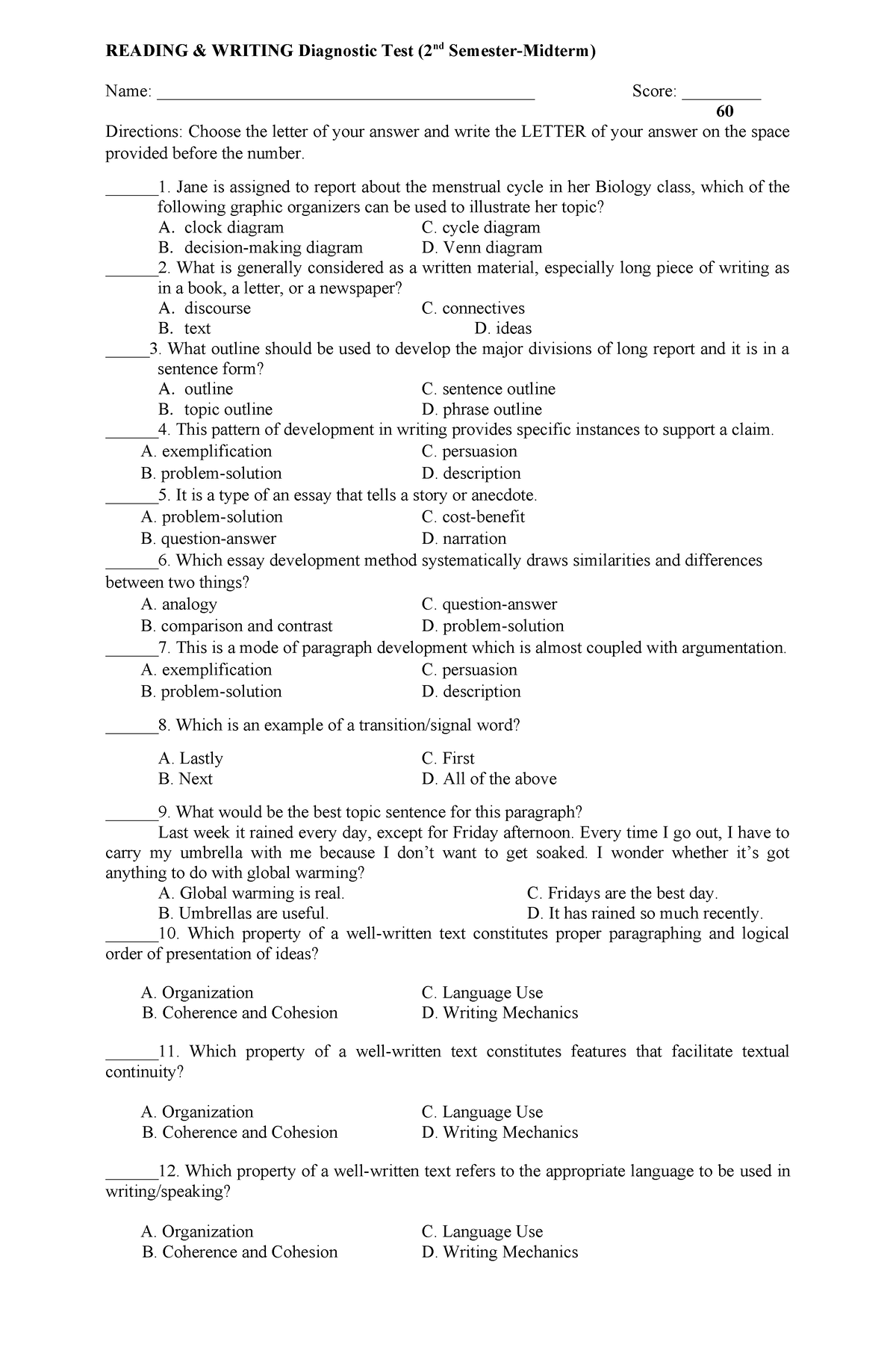 R & W Diagnostic Exam-Midterm - READING & WRITING Diagnostic Test (2nd ...