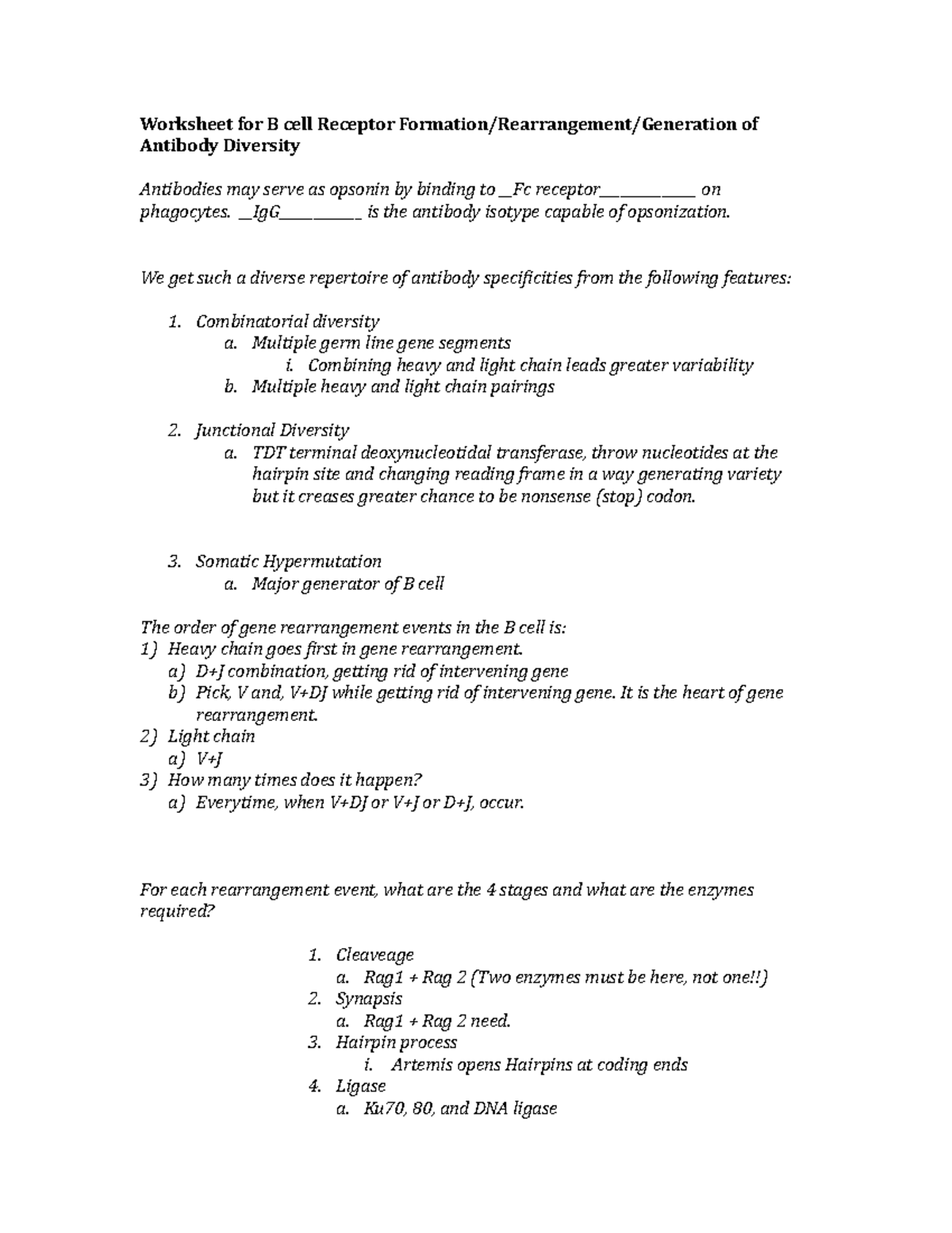 Worksheet For B Cell Receptor Formation - Worksheet For B Cell Receptor ...