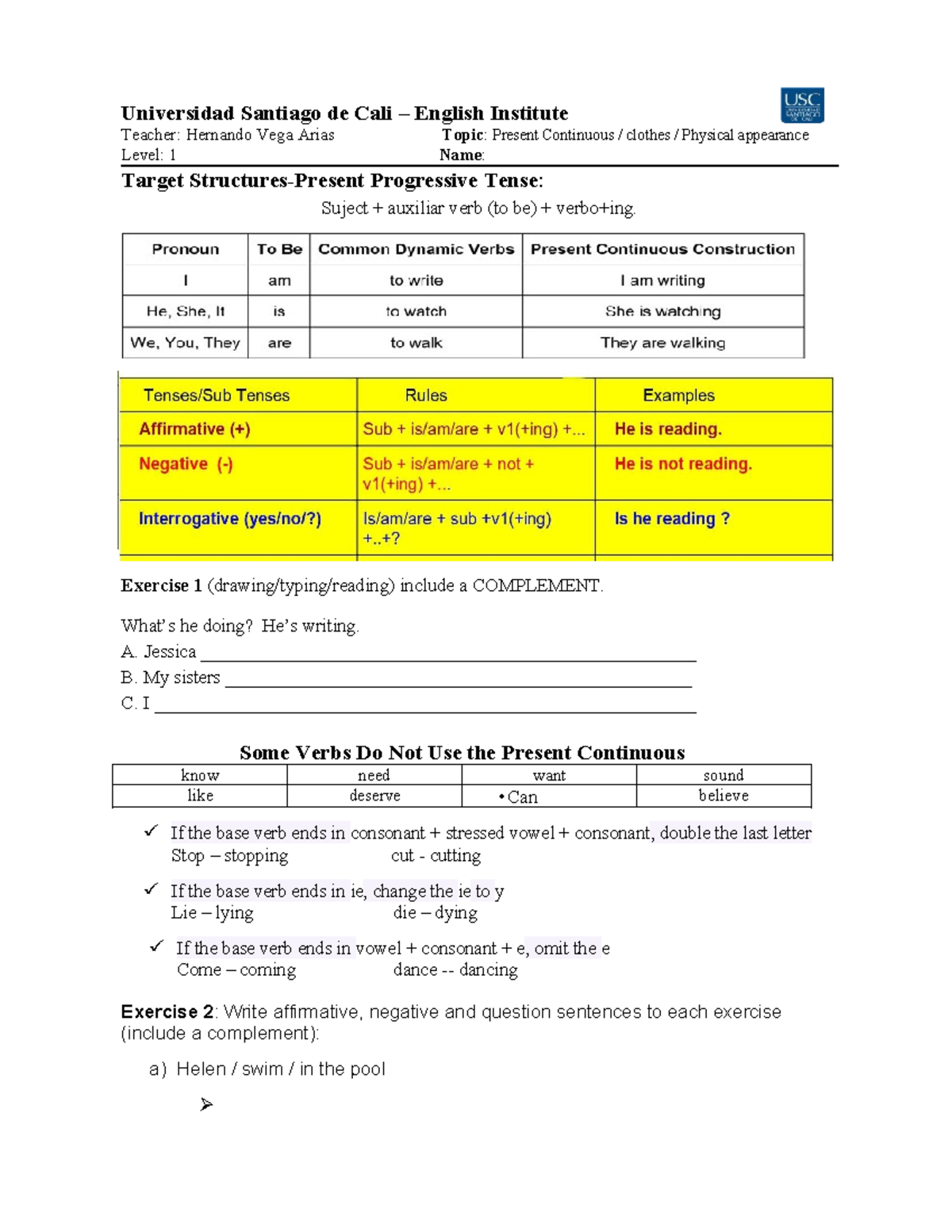 Present Continuous - Guide 1B - Universidad Santiago de Cali – English ...