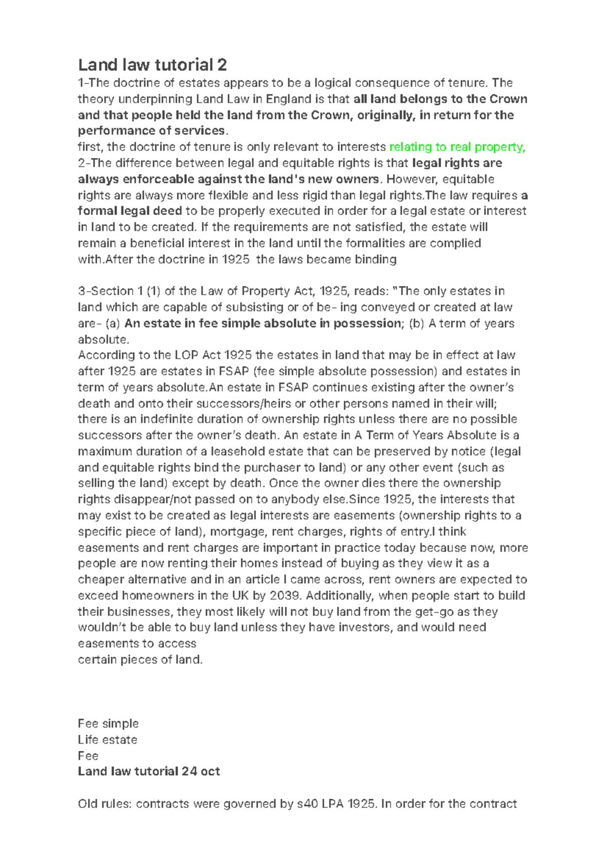 Land law tutorial 2 The theory underpinning Land Law in England is