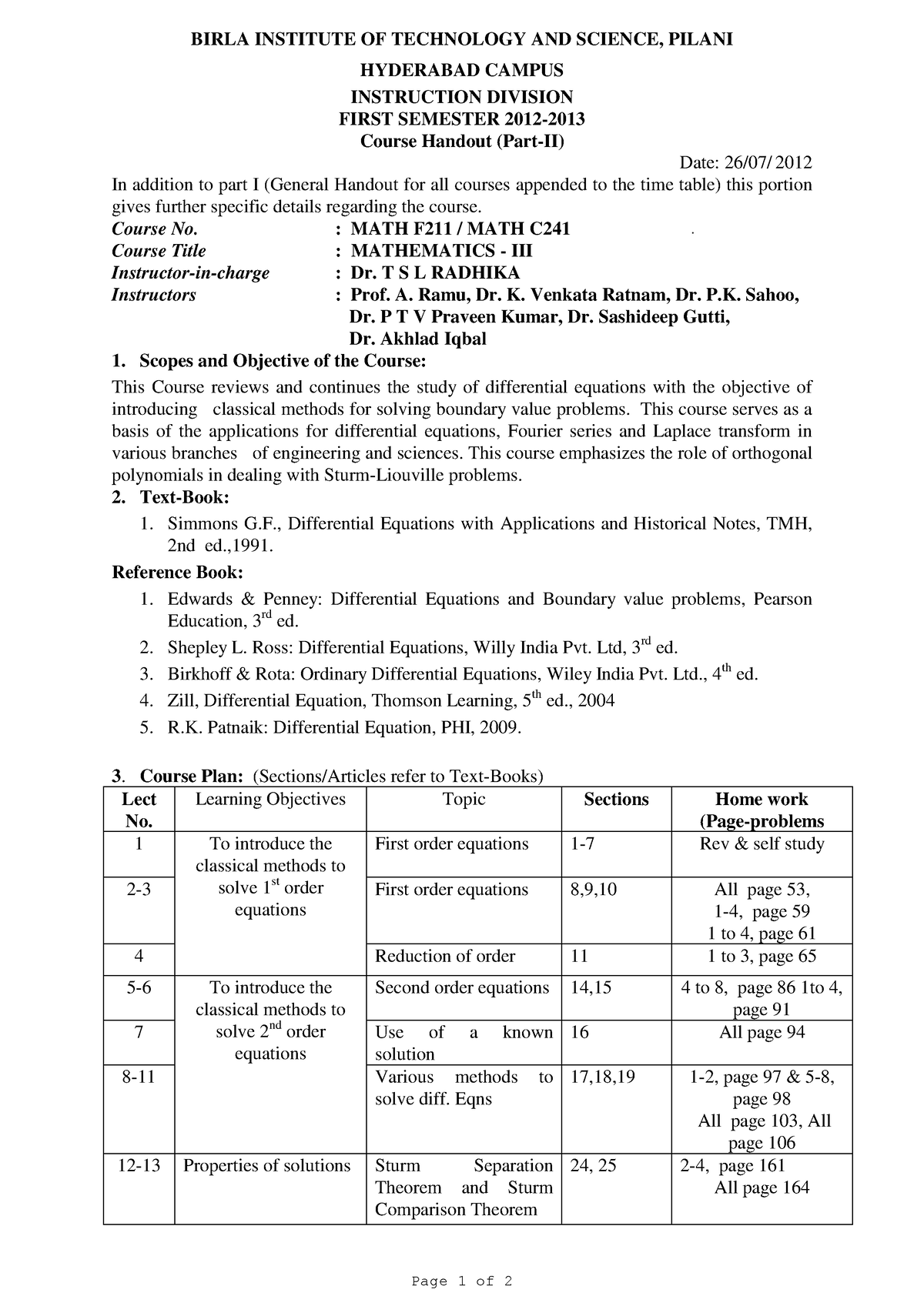 Math F211 - Handout - Page 1 Of 2 BIRLA INSTITUTE OF TECHNOLOGY AND ...