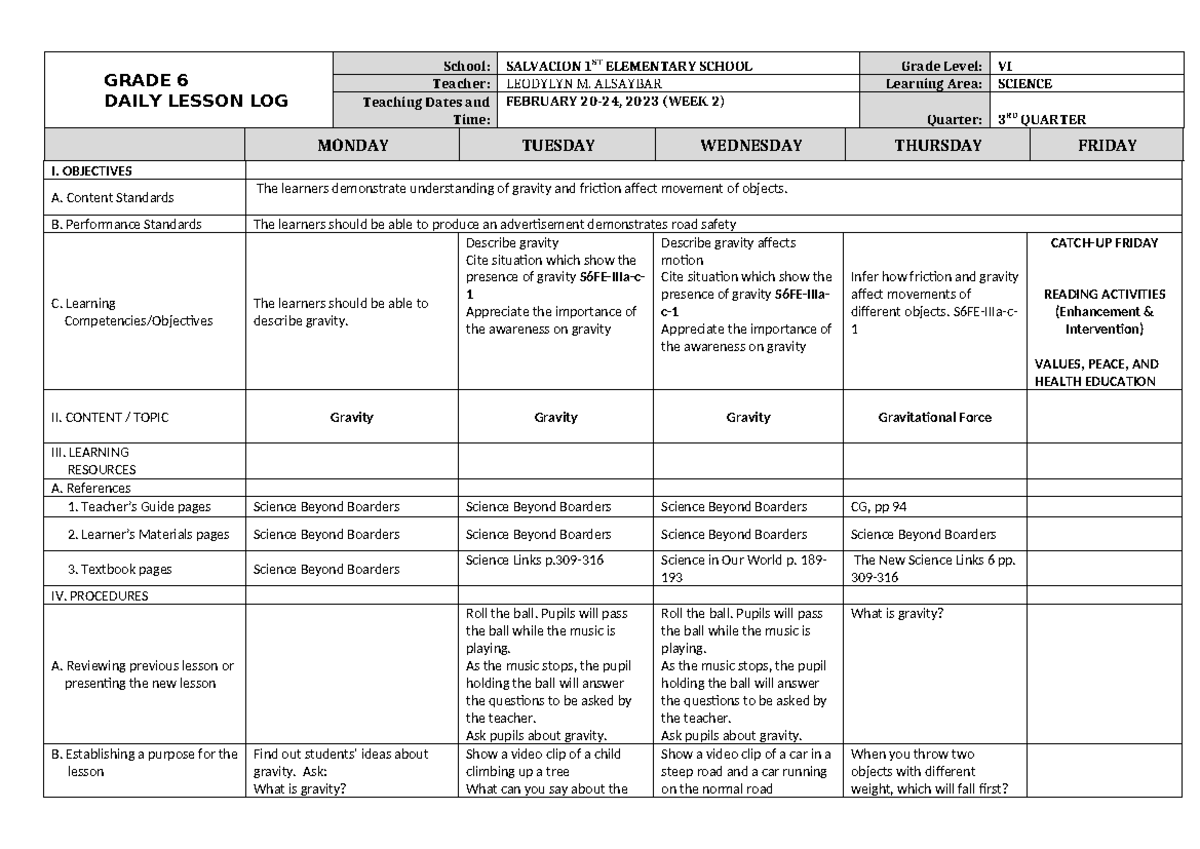 DLL Science 6 Q3 W2 - GRADE 6 DAILY LESSON LOG School: SALVACION 1ST ...