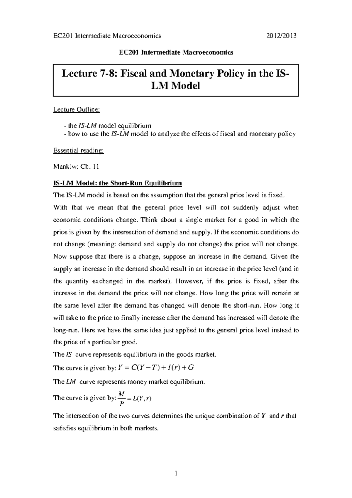 EC201Lecture 7-8 - Lecture notes - EC201 Intermediate Macroeconomics ...