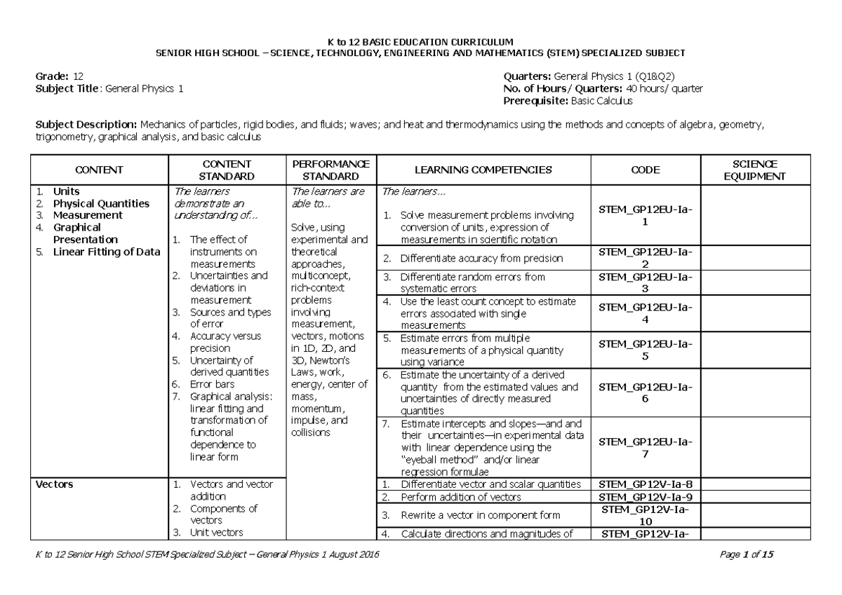 General Physics 1 1 - SENIOR HIGH SCHOOL – SCIENCE, TECHNOLOGY ...