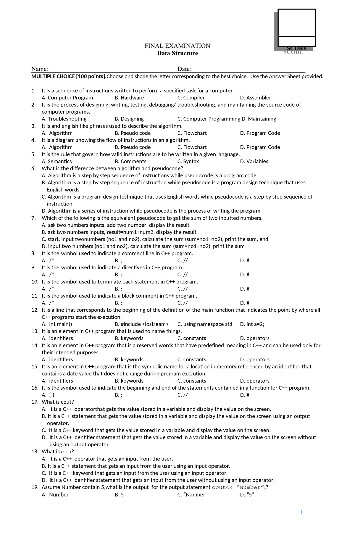 Final Exam SET A - PROGRAMMING EXAMS - FINAL EXAMINATION Data Structure ...