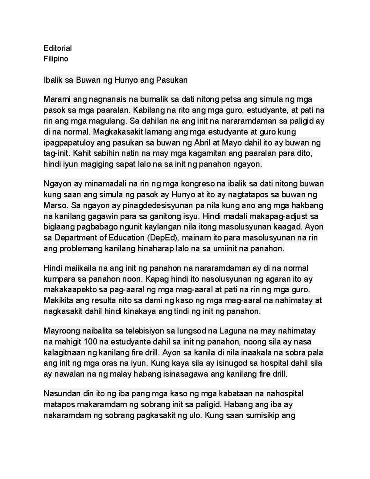 Editorial-2 - Notes - Editorial Filipino Ibalik sa Buwan ng Hunyo ang ...