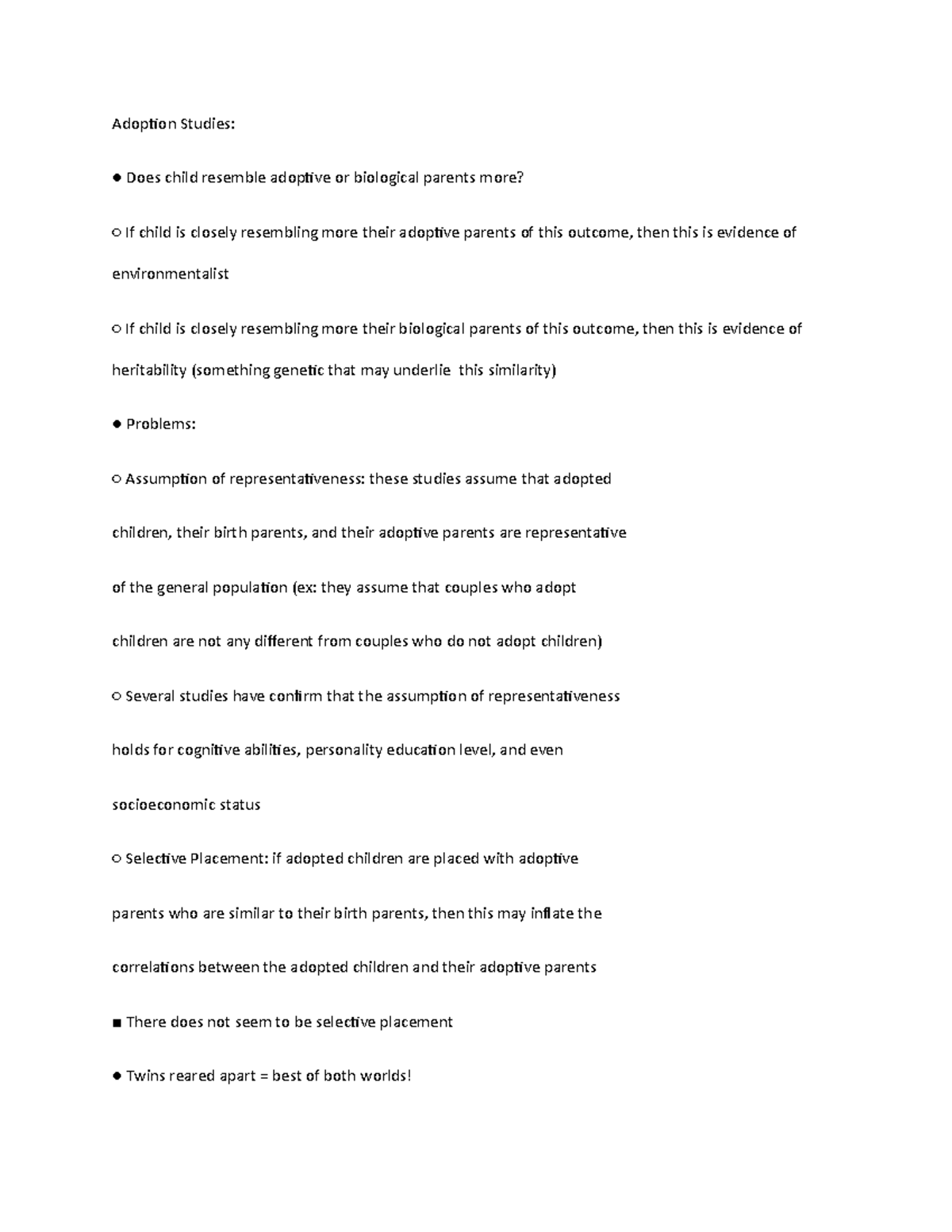 Adoption Studies Notes - Adoption Studies: Does child resemble adoptive ...