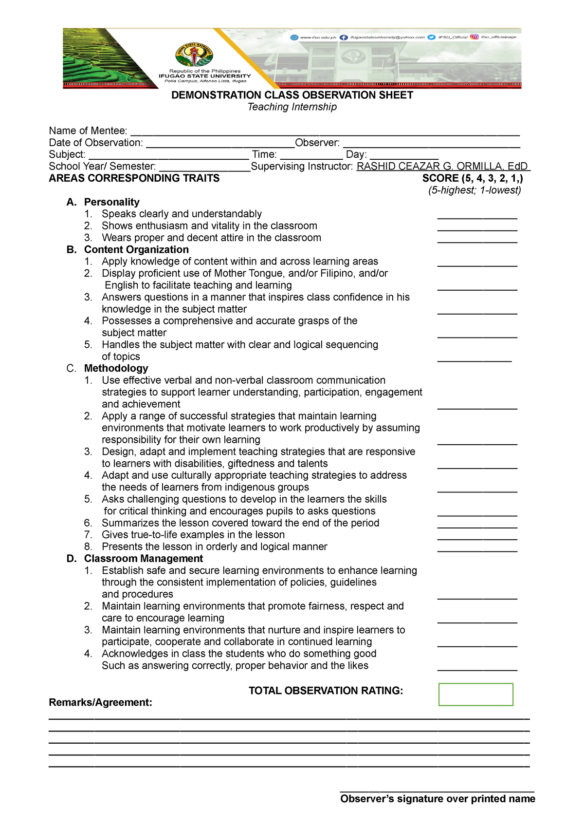 Observation And Lesson Plan Rating Sheet NEW - DEMONSTRATION CLASS ...