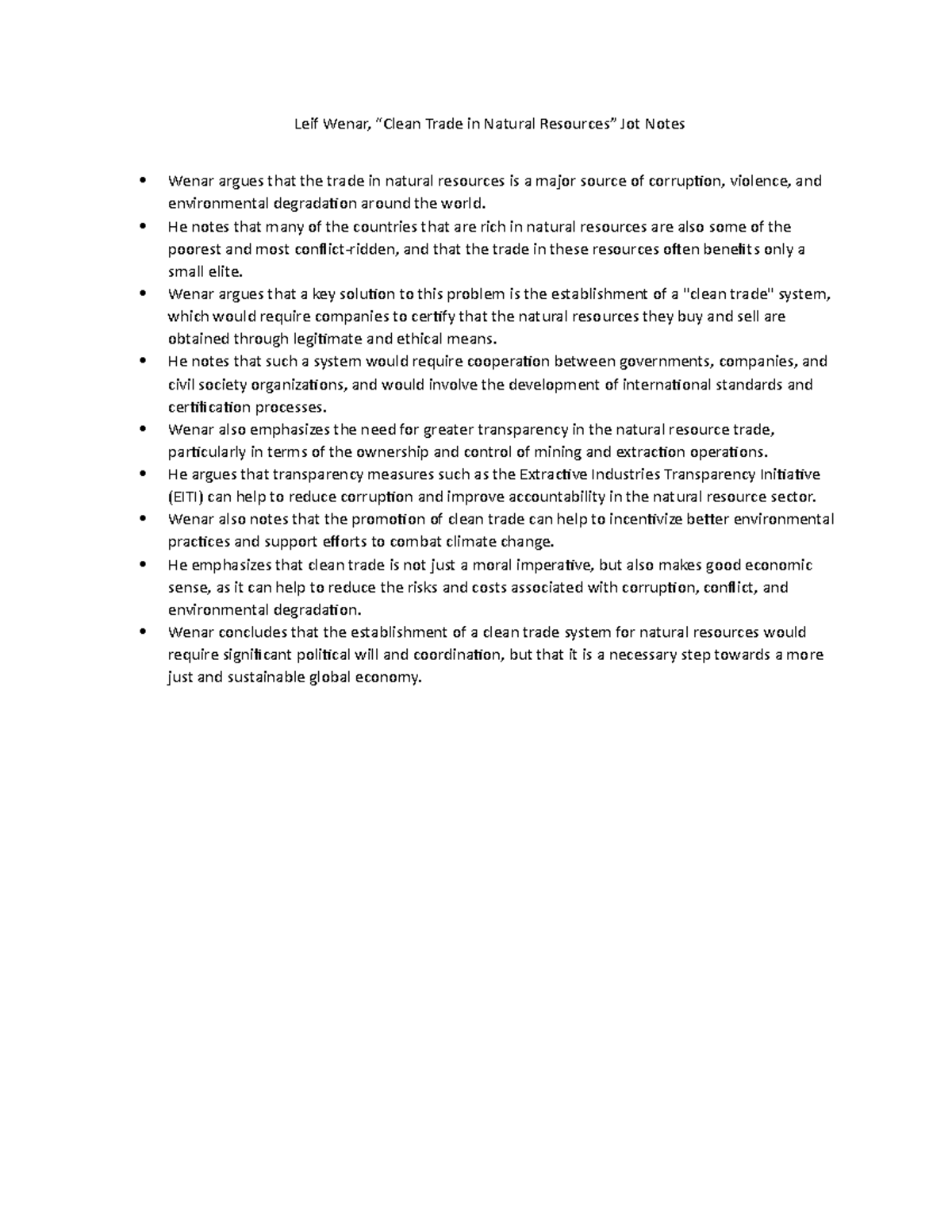 Leif Wenar, “Clean Trade in Natural Resources” Jot Notes - He notes ...