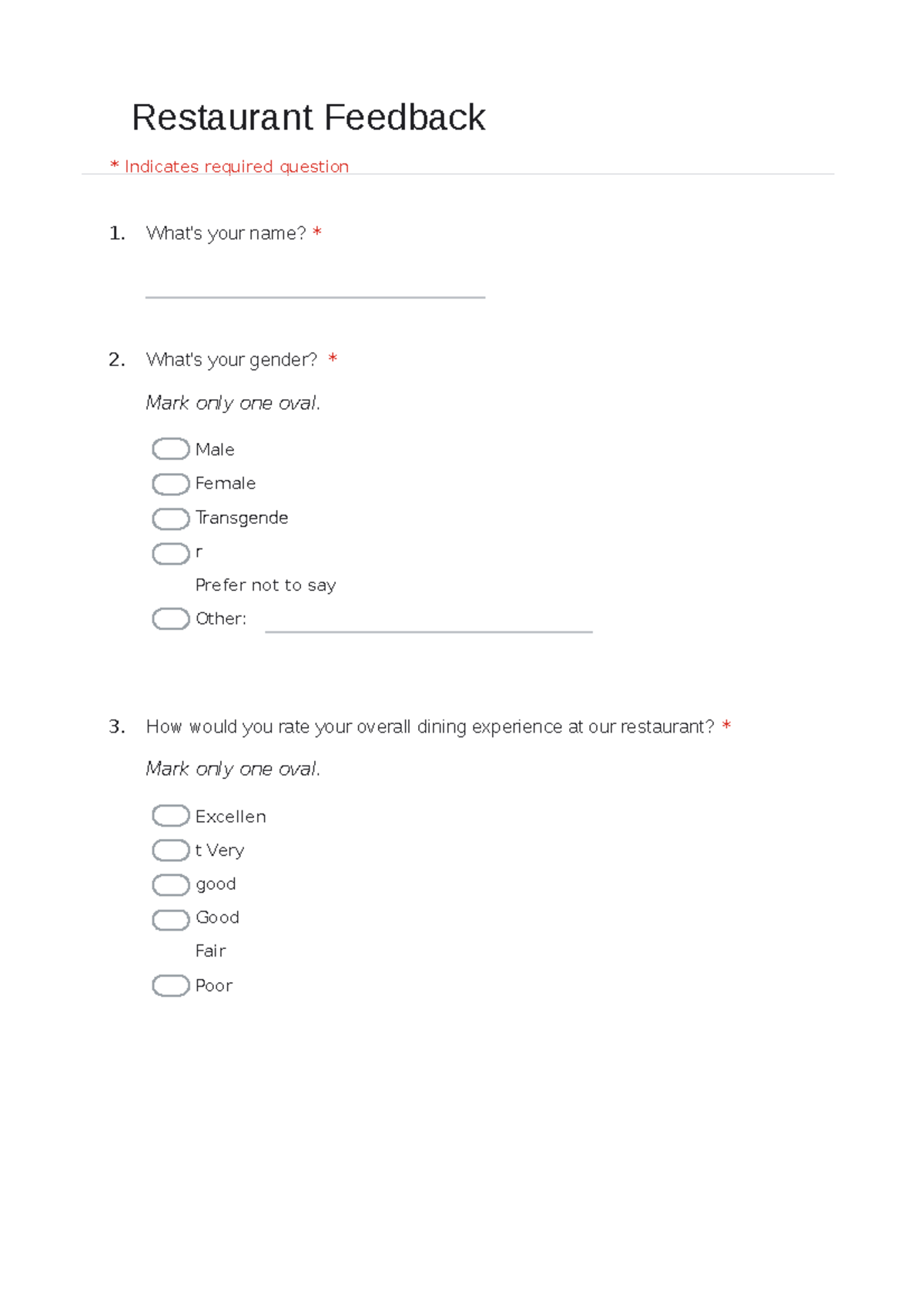 Google Forms - Restaurant Feedback * Indicates required question 1 ...