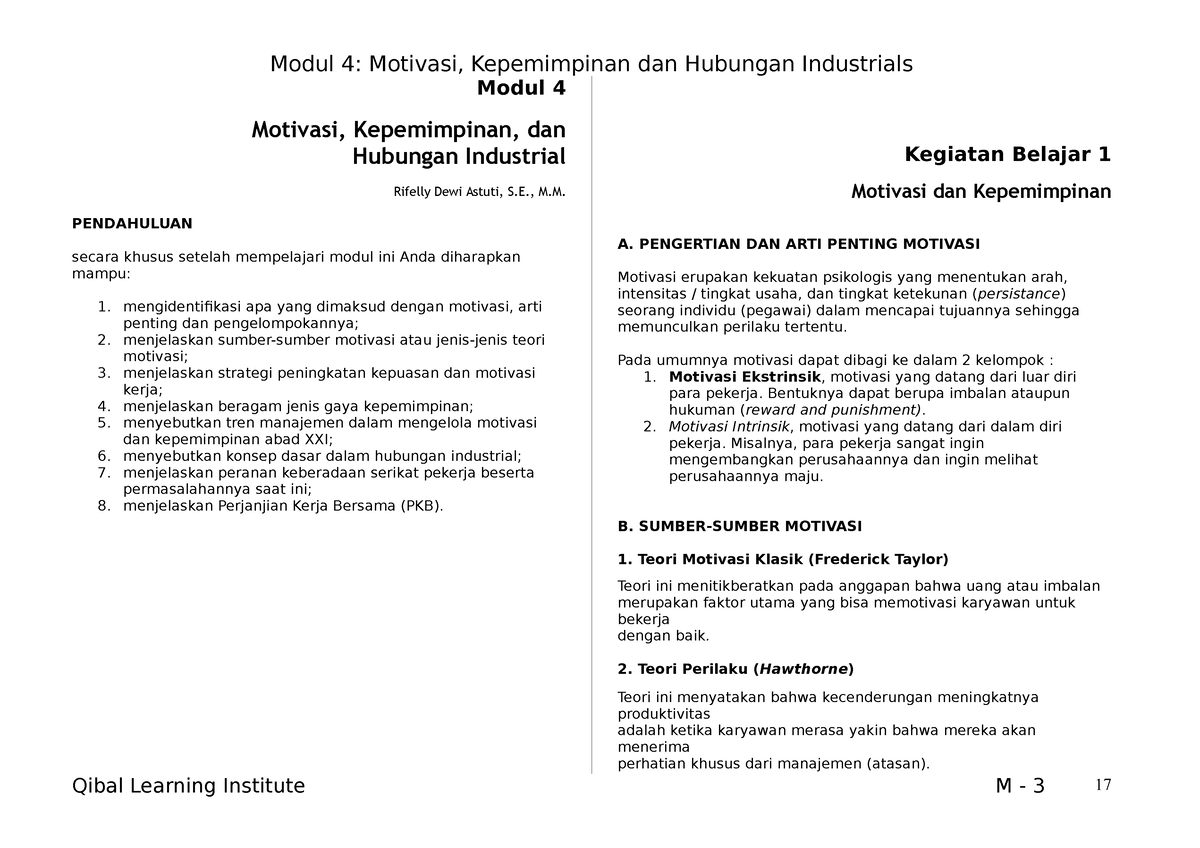 Ringkasan Modul 4 Pengantar Bisnis - Modul 4: Motivasi, Kepemimpinan ...