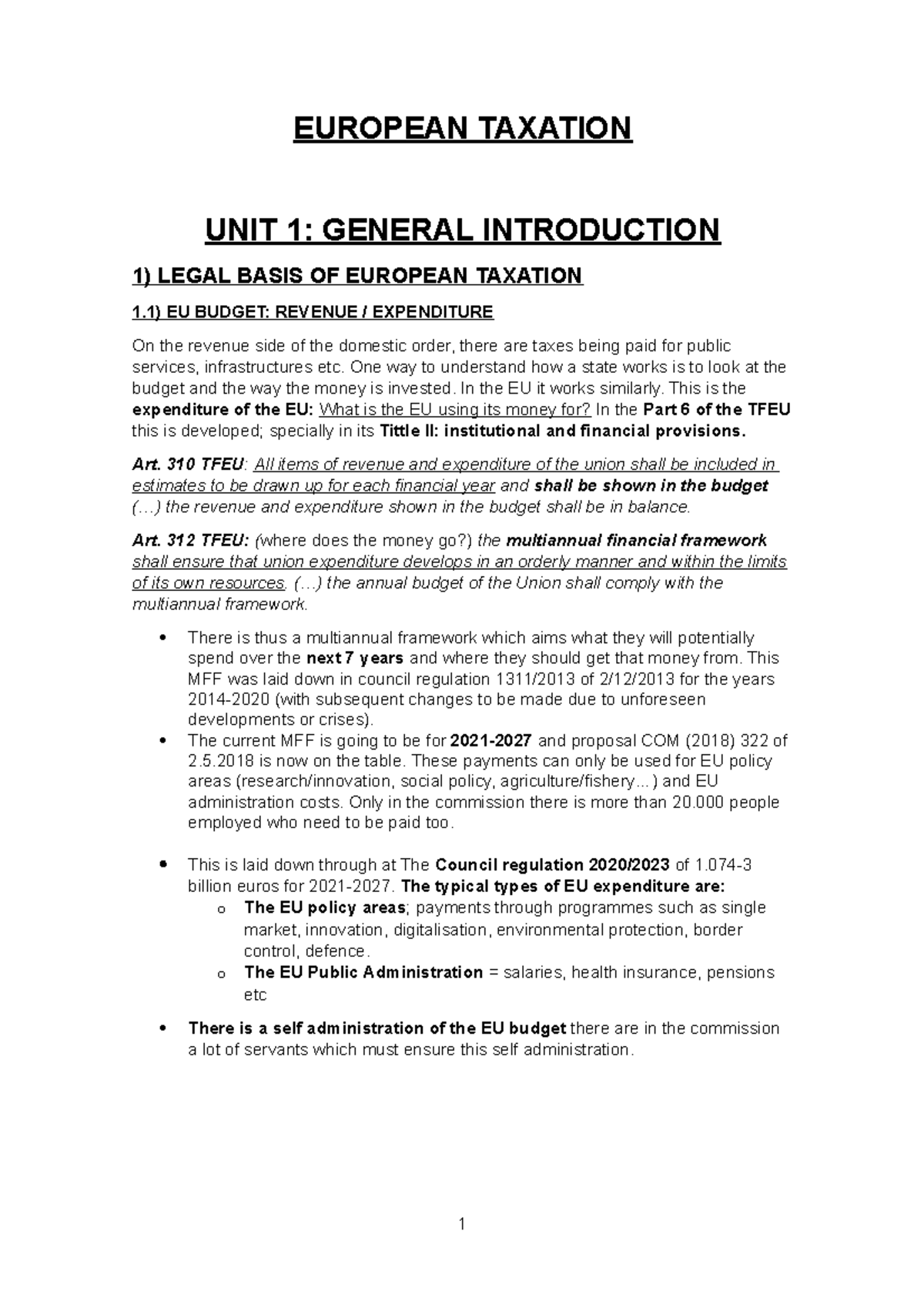 Resumenes European Taxation - EUROPEAN TAXATION UNIT 1: GENERAL ...