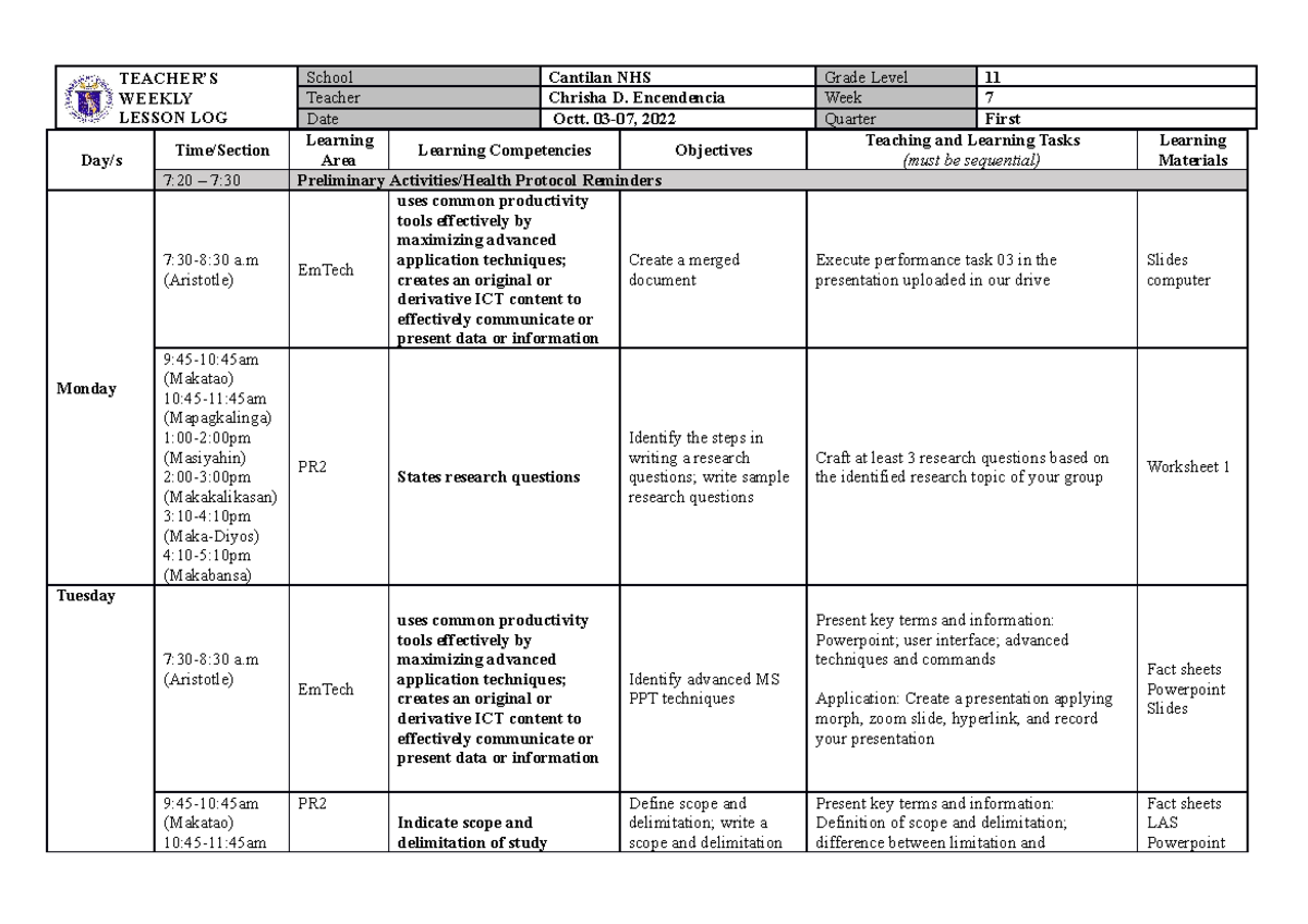 Encendencia DLL Q1 week7 22-23 - TEACHER’S WEEKLY LESSON LOG School ...