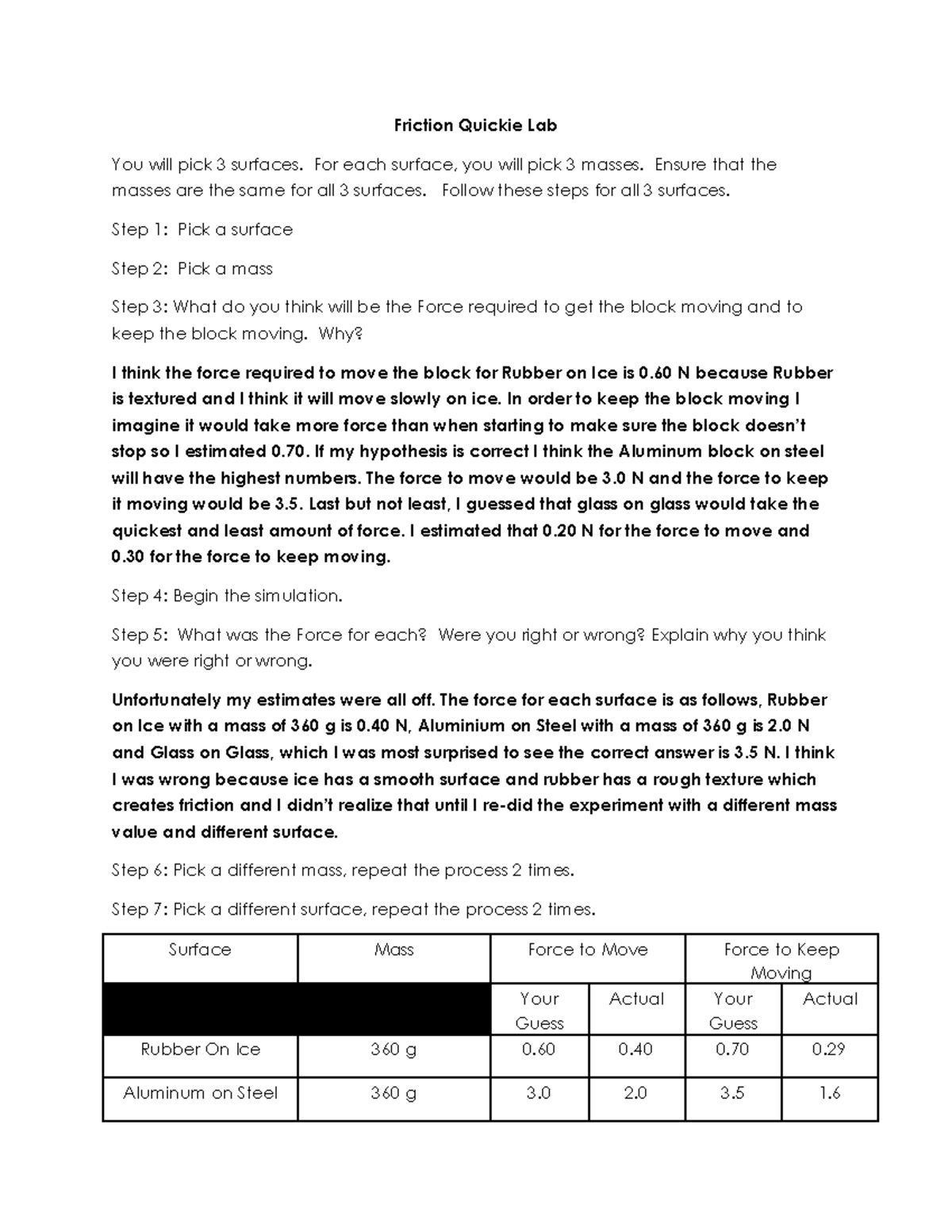 Friction Quickie Lab - Answers to standard assignments that all ...