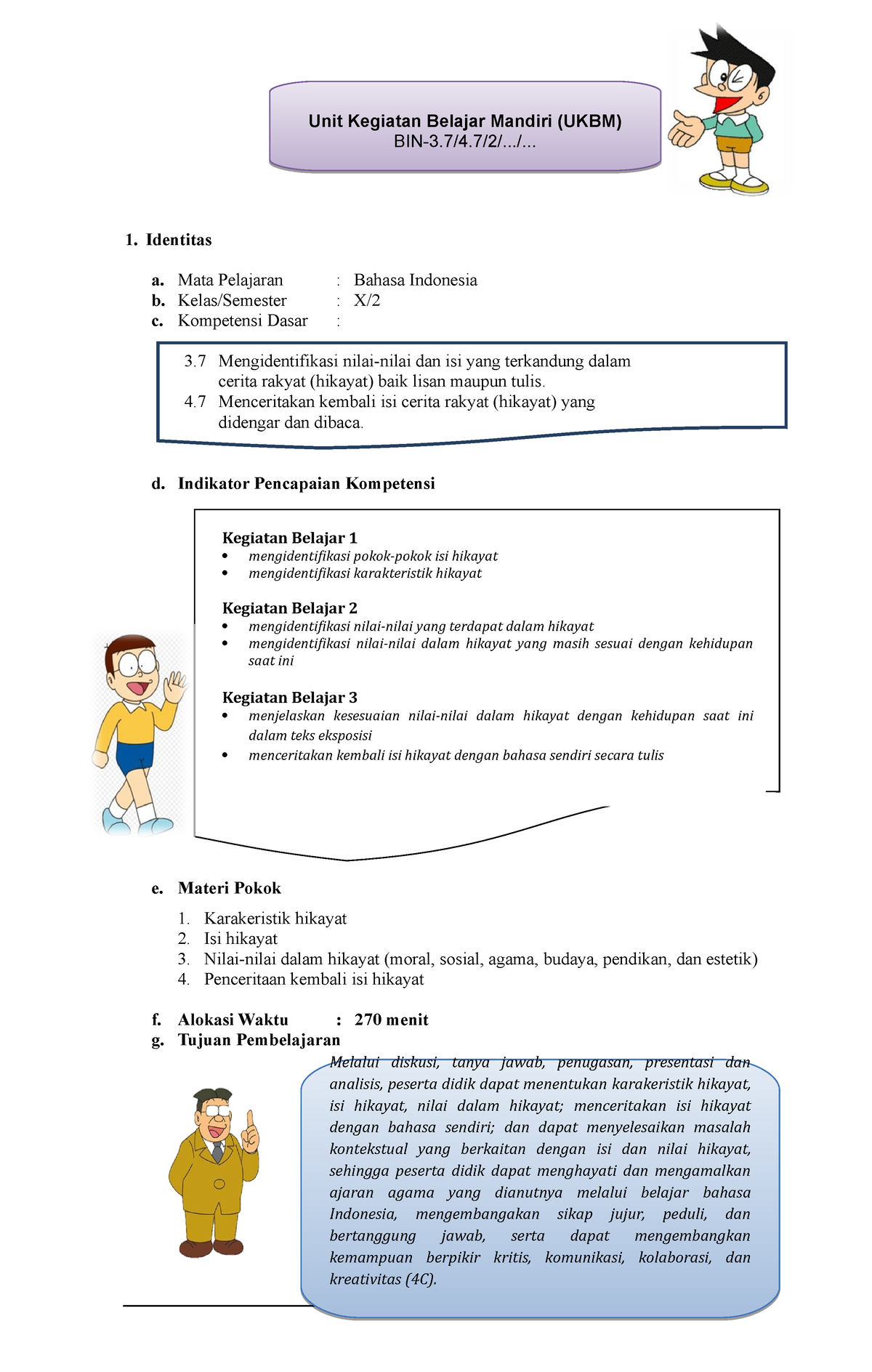 Materi Cerita Hikayat - Identitas A. Mata Pelajaran : Bahasa Indonesia ...