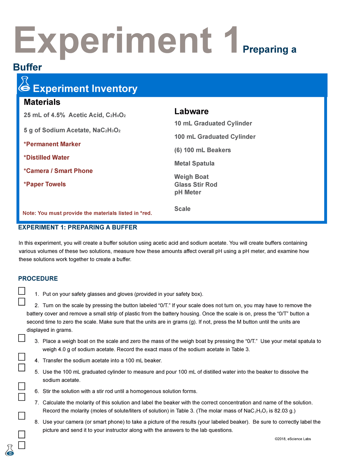 Lab 18 exp 1 buffer solution lab Experiment 1Preparing a Buffer