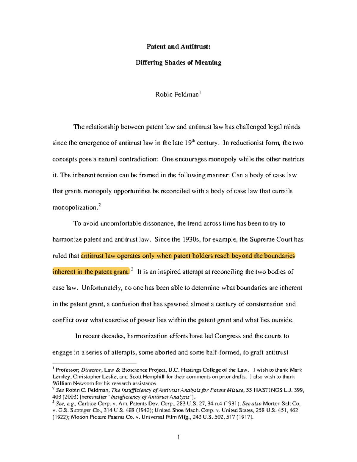 Feldman-robin article on patent - Patent and Antitrust: Differing ...