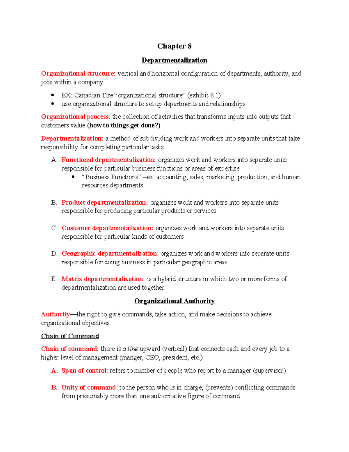 CH8 Key LECTURE NOTES - Chapter 8 Departmentalization Organizational ...