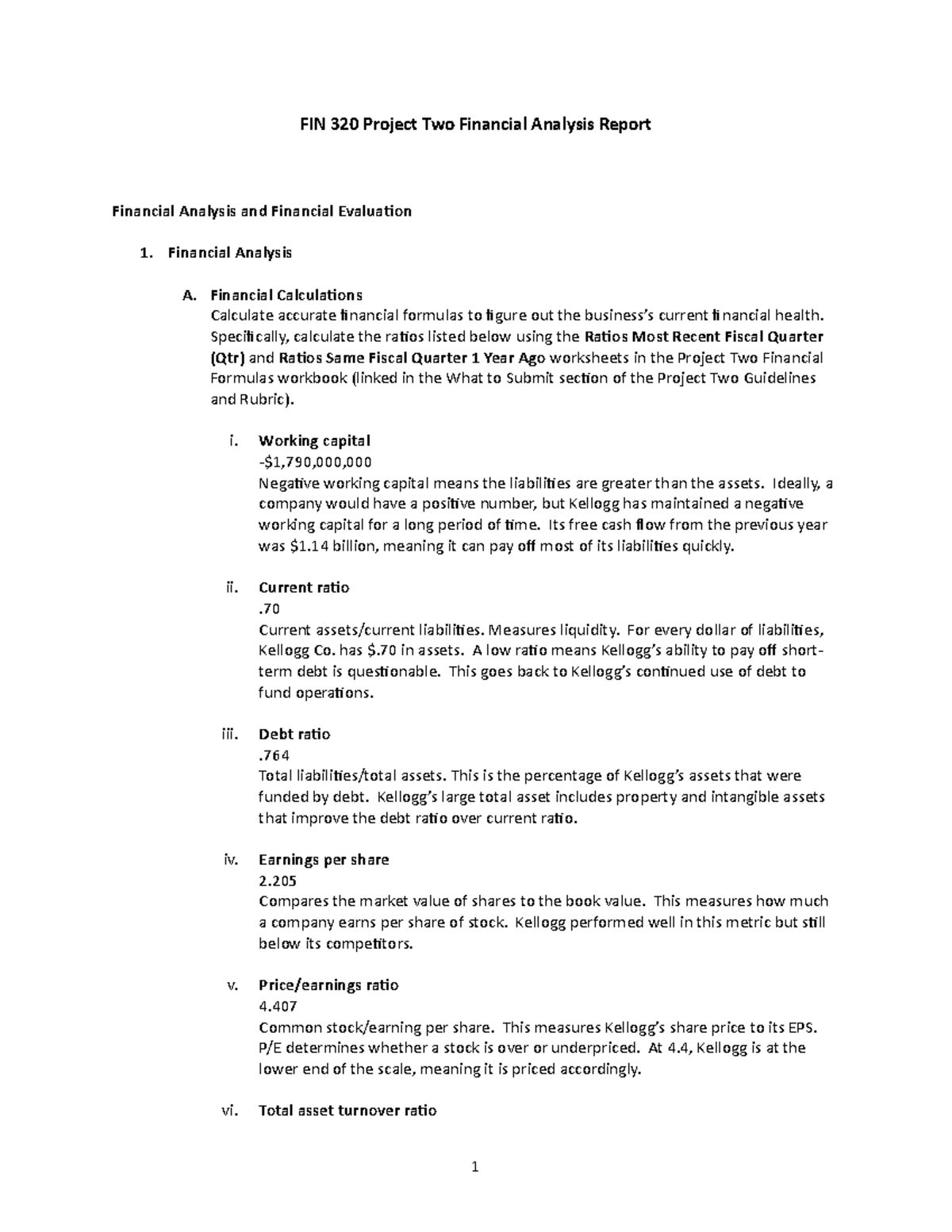 FIN 320 Project Two Financial Analysis Report - Financial Calculations ...