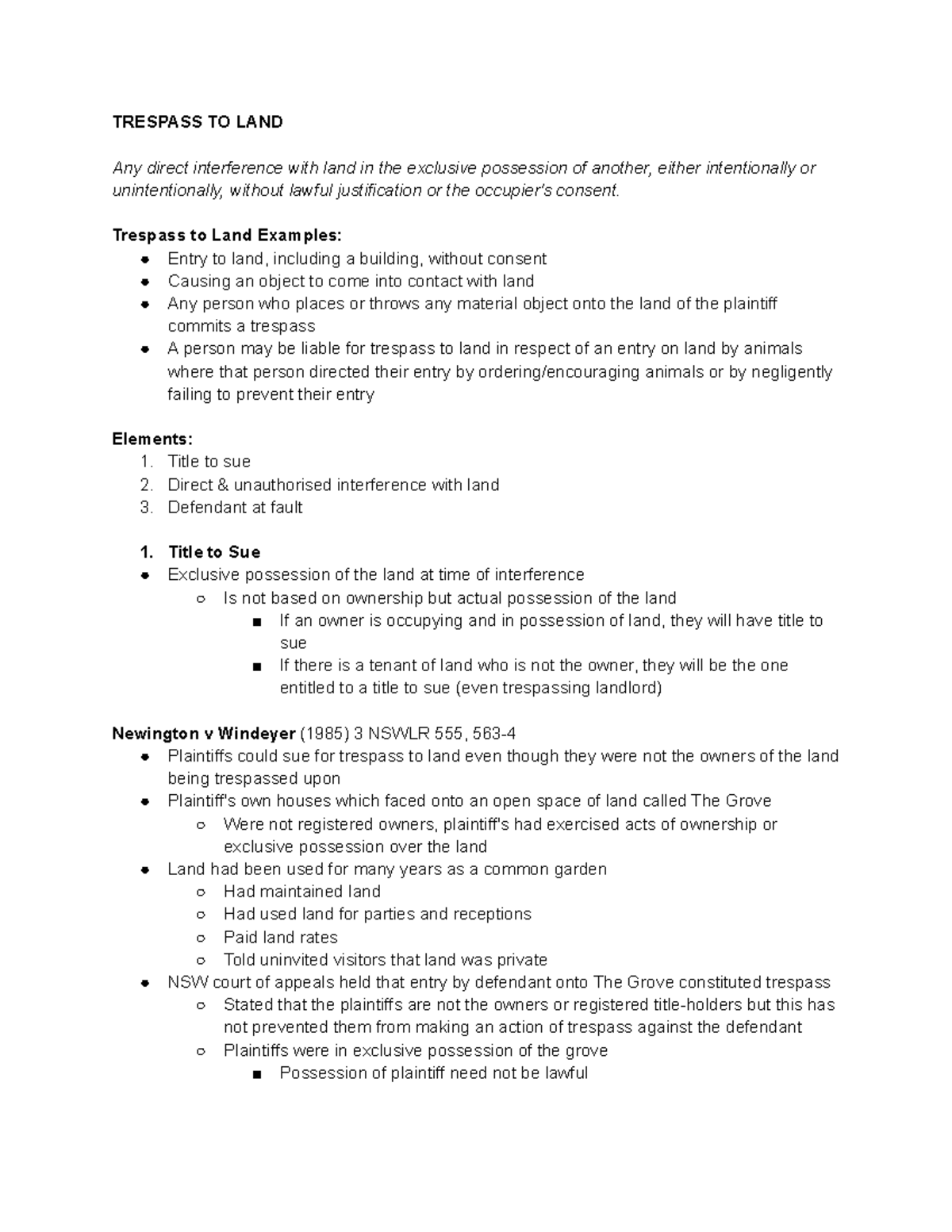 Trespass to Land Week 2 Lecture notes - TRESPASS TO LAND Any direct ...