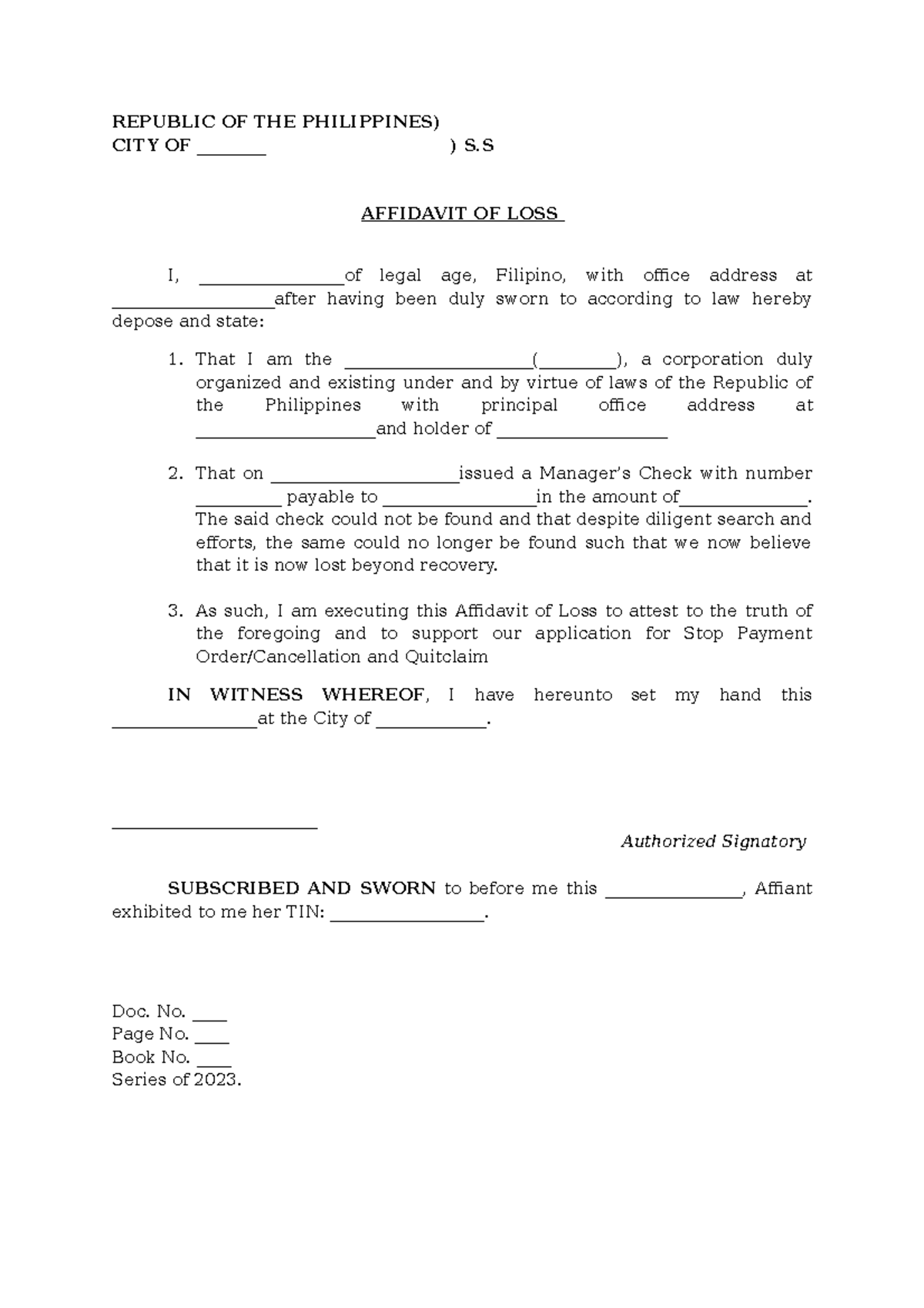 Affidavit of Loss-Managers Check format - REPUBLIC OF THE PHILIPPINES ...