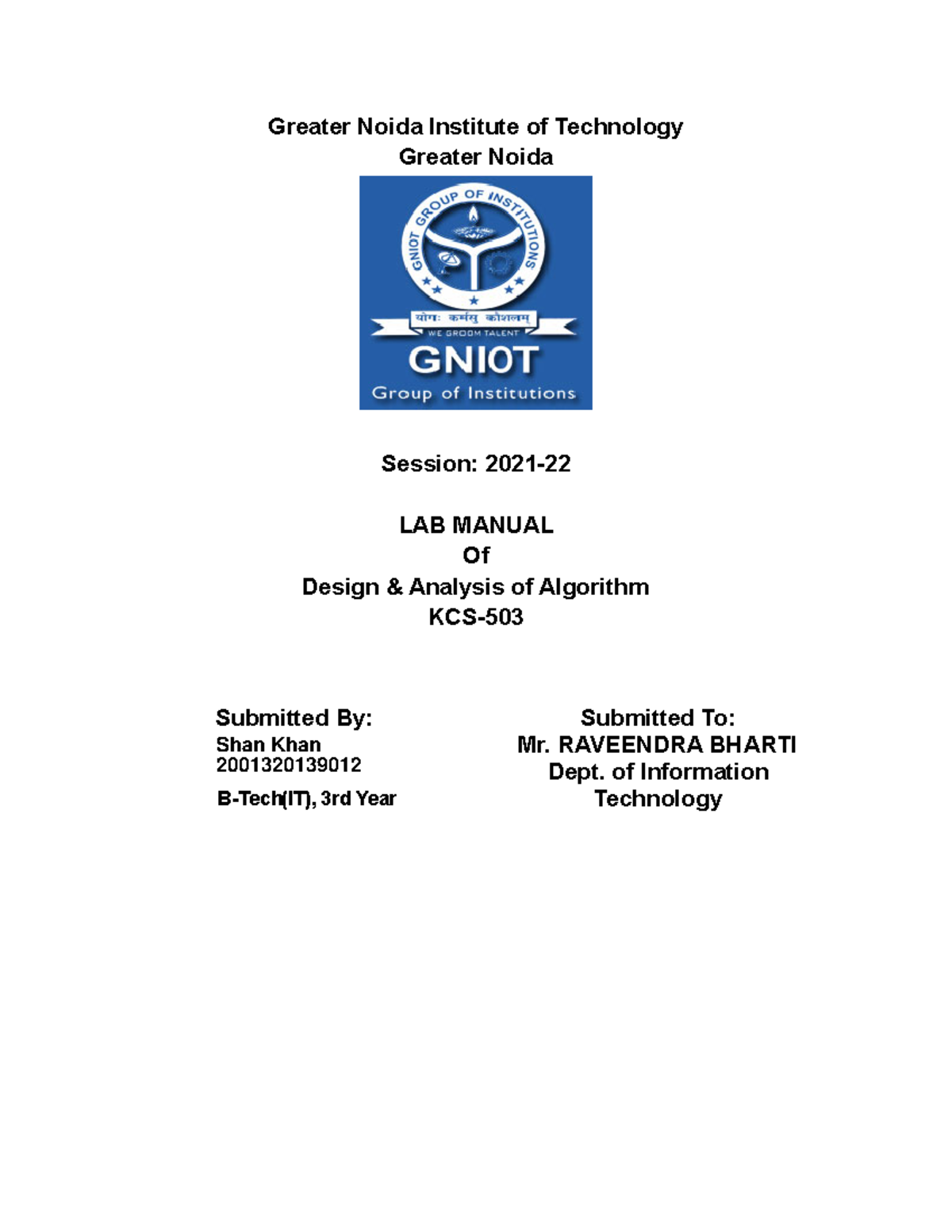 DAALab Manual SHAN KHAN Greater Noida Institute of Technology