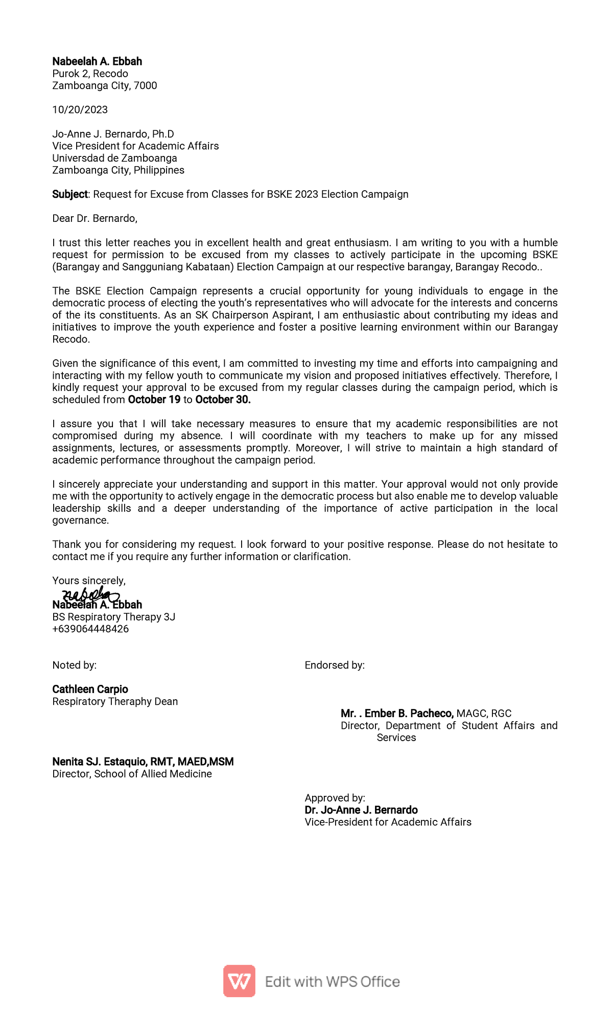 Campaign Excusenletter - Nabeelah A. Ebbah Purok 2, Recodo Zamboanga ...