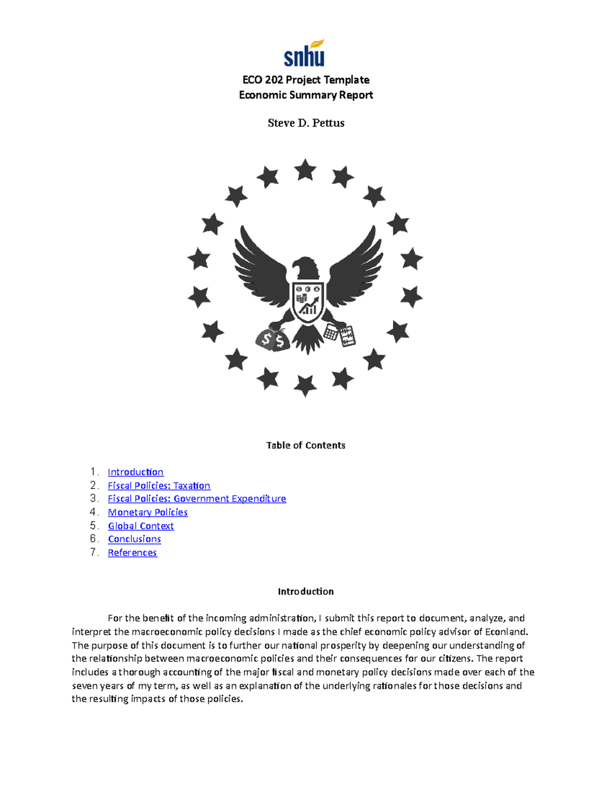 ECO 202 Project Template - ECO 202 Project Template Economic Summary ...