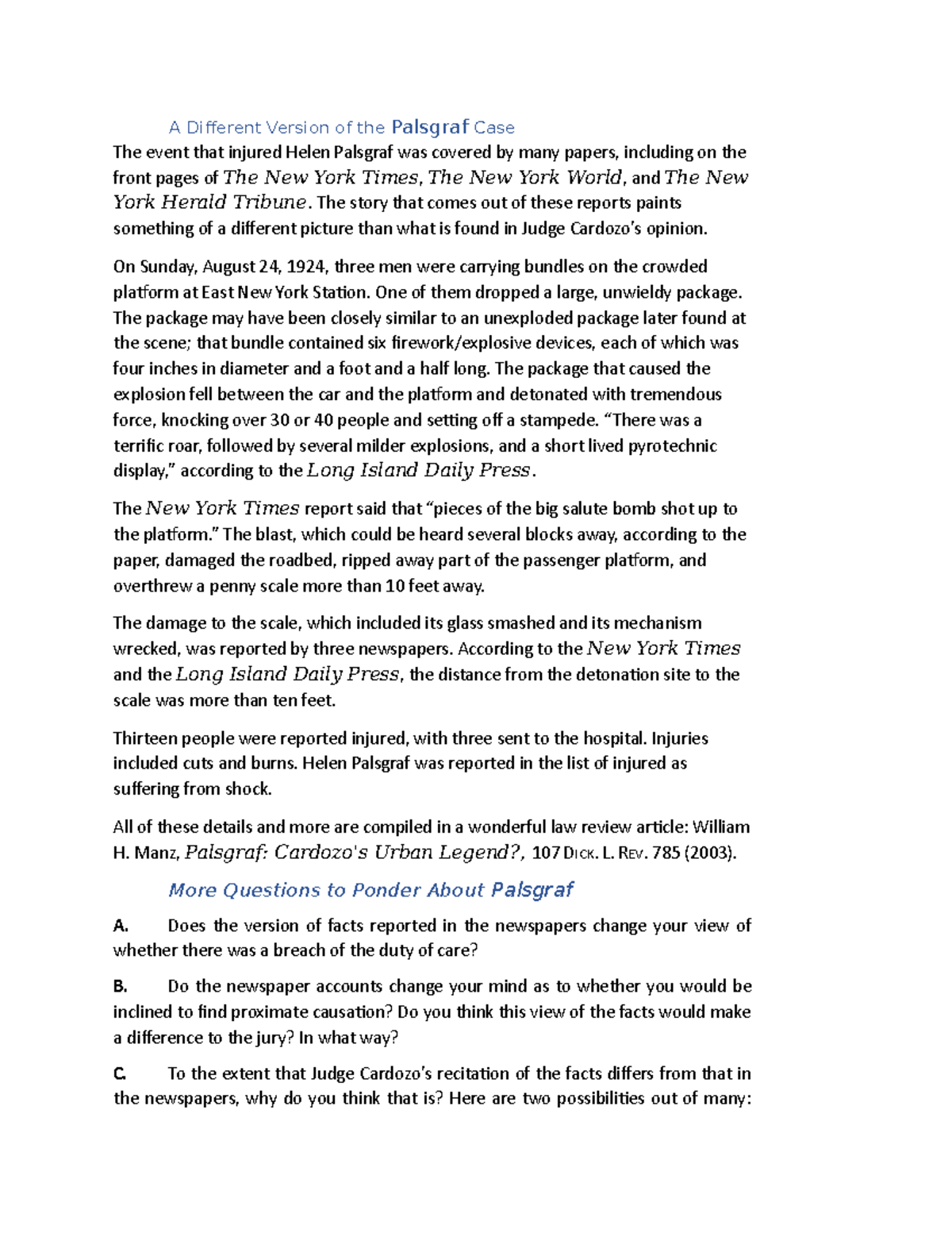 Tort law m62 Tort law A Different Version of the Palsgraf Case The