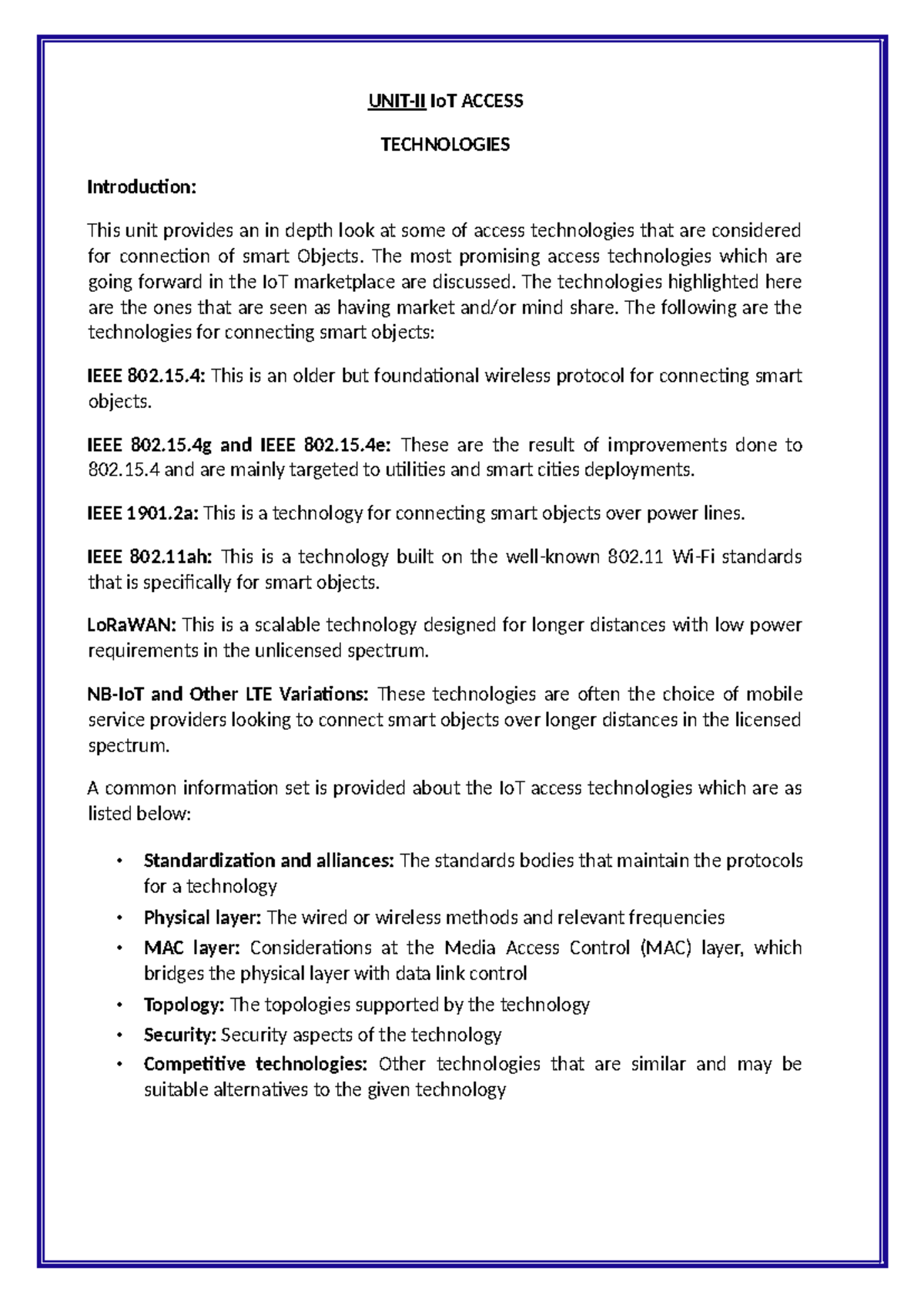 IOT UNIT 2 - unit 2 - UNIT-II IoT ACCESS TECHNOLOGIES Introduction ...